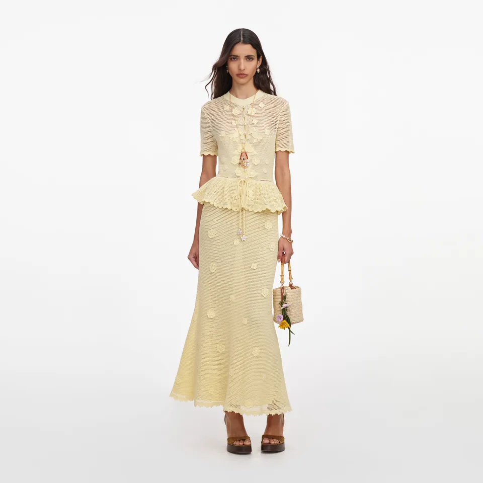 Self Portrait Yellow Floral Crochet Midi Kleid Gelb S Baumwolle