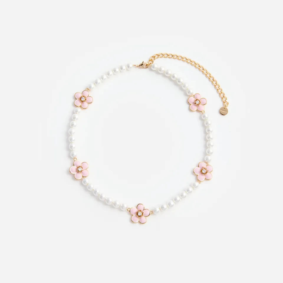 Self Portrait Pink Enamel Flower Pearl Choker Rosa
