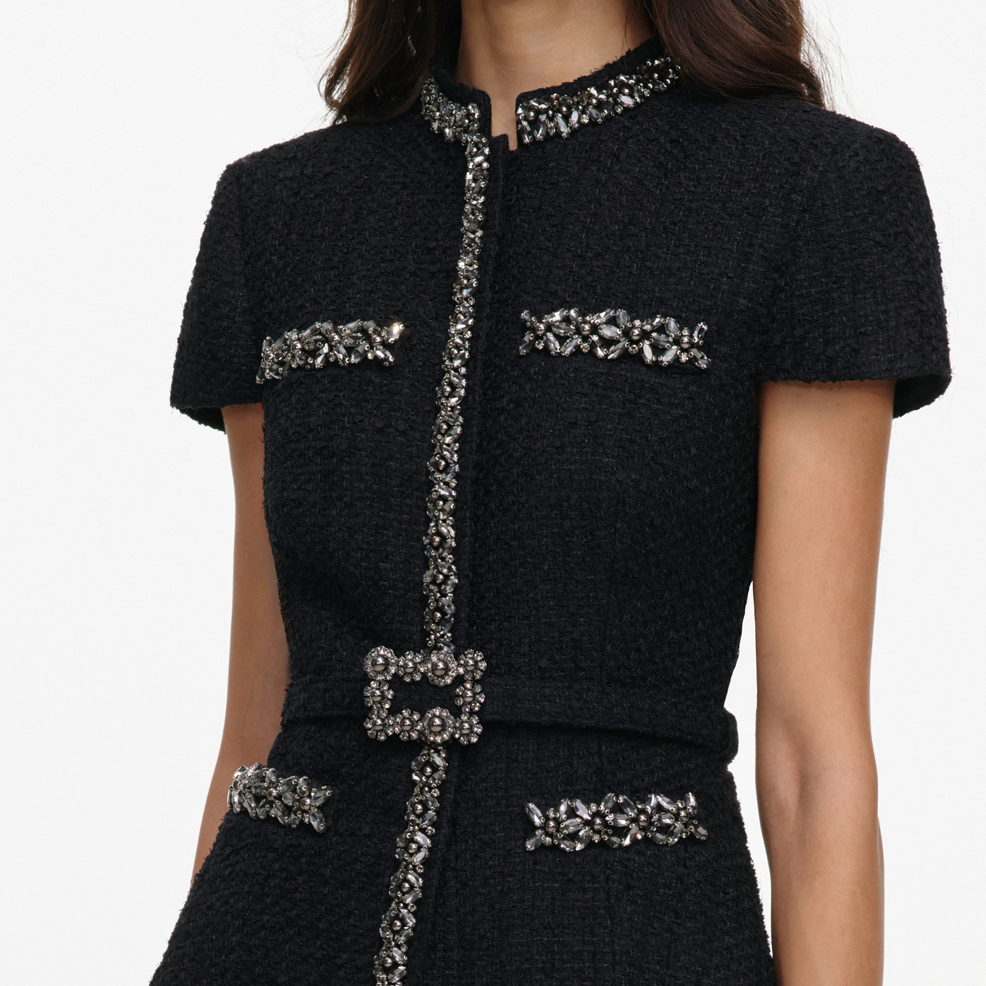 Self Portrait Boucle Crystal Trim Satin Midikleid Schwarz UK 8