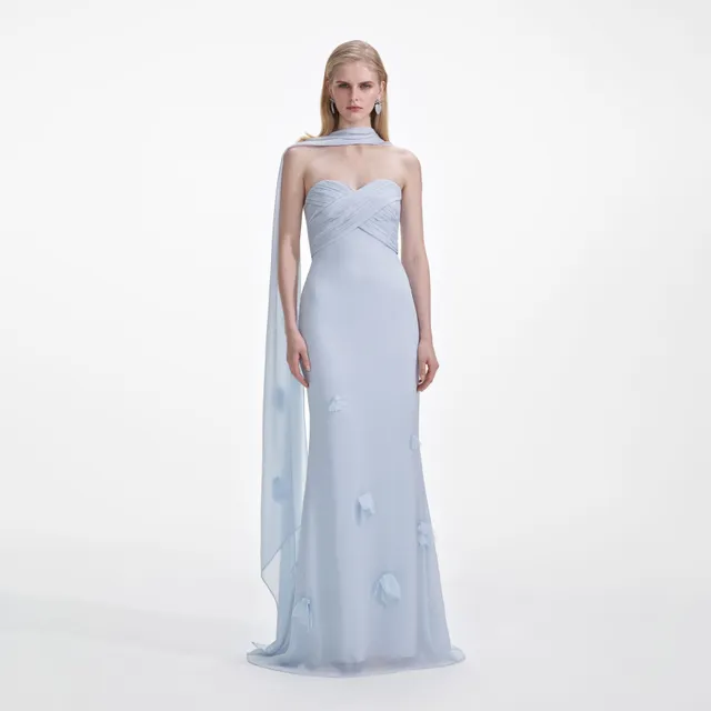 Self Portrait Dresses Blue Georgette Flower Maxikleid Blau UK 8