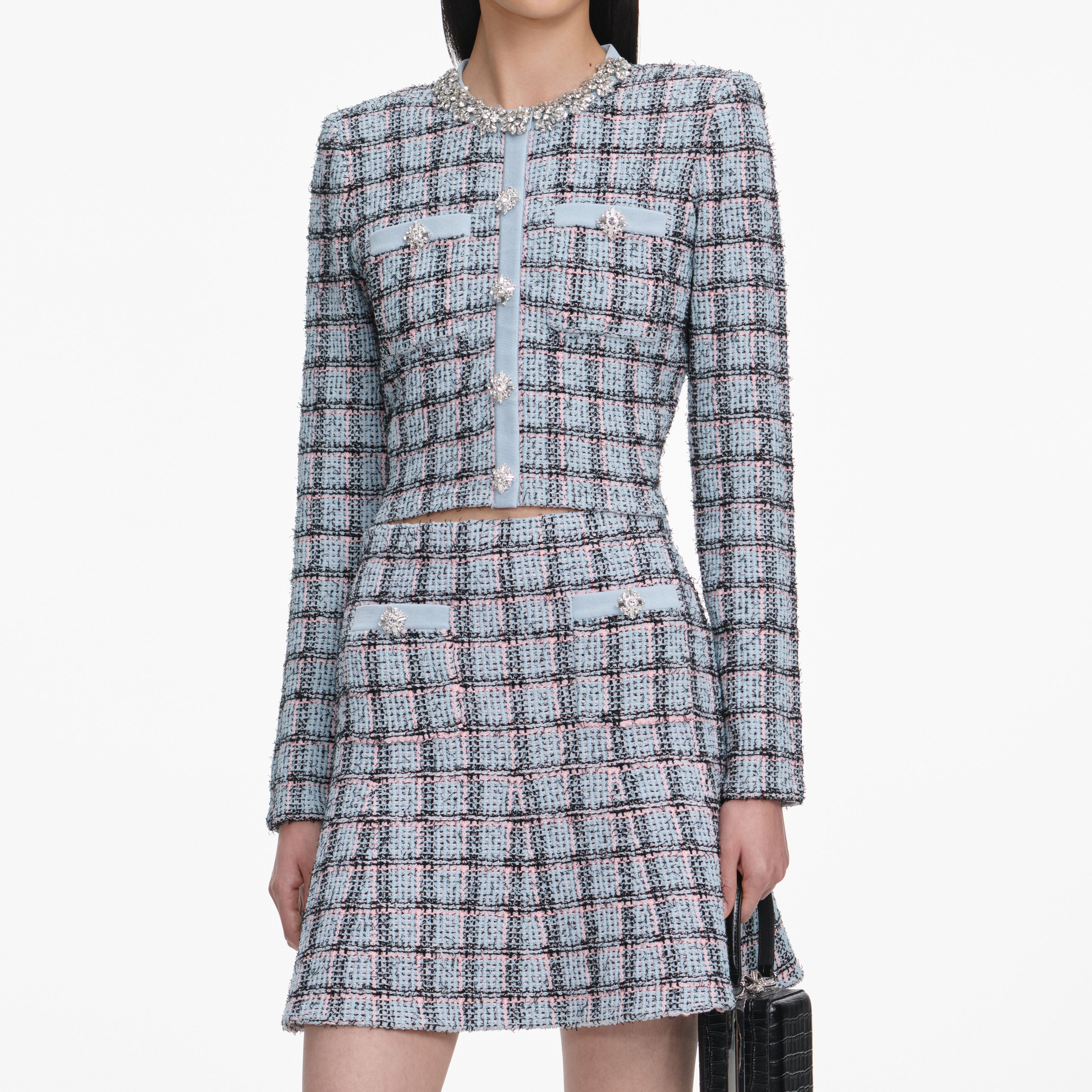 Self Portrait Knitwear Blue Check Knit Strickjacke Blau Diamante