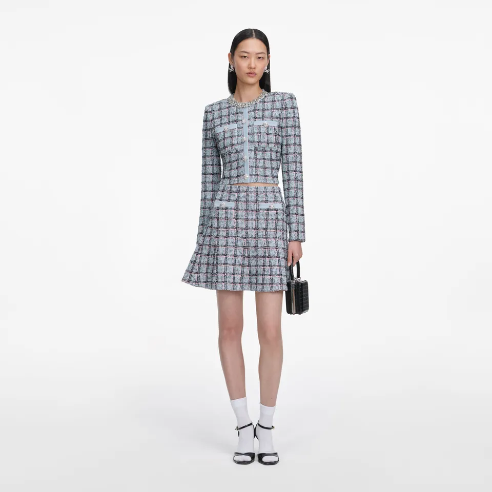 Self Portrait Knitwear Blue Check Knit Strickjacke Blau Diamante