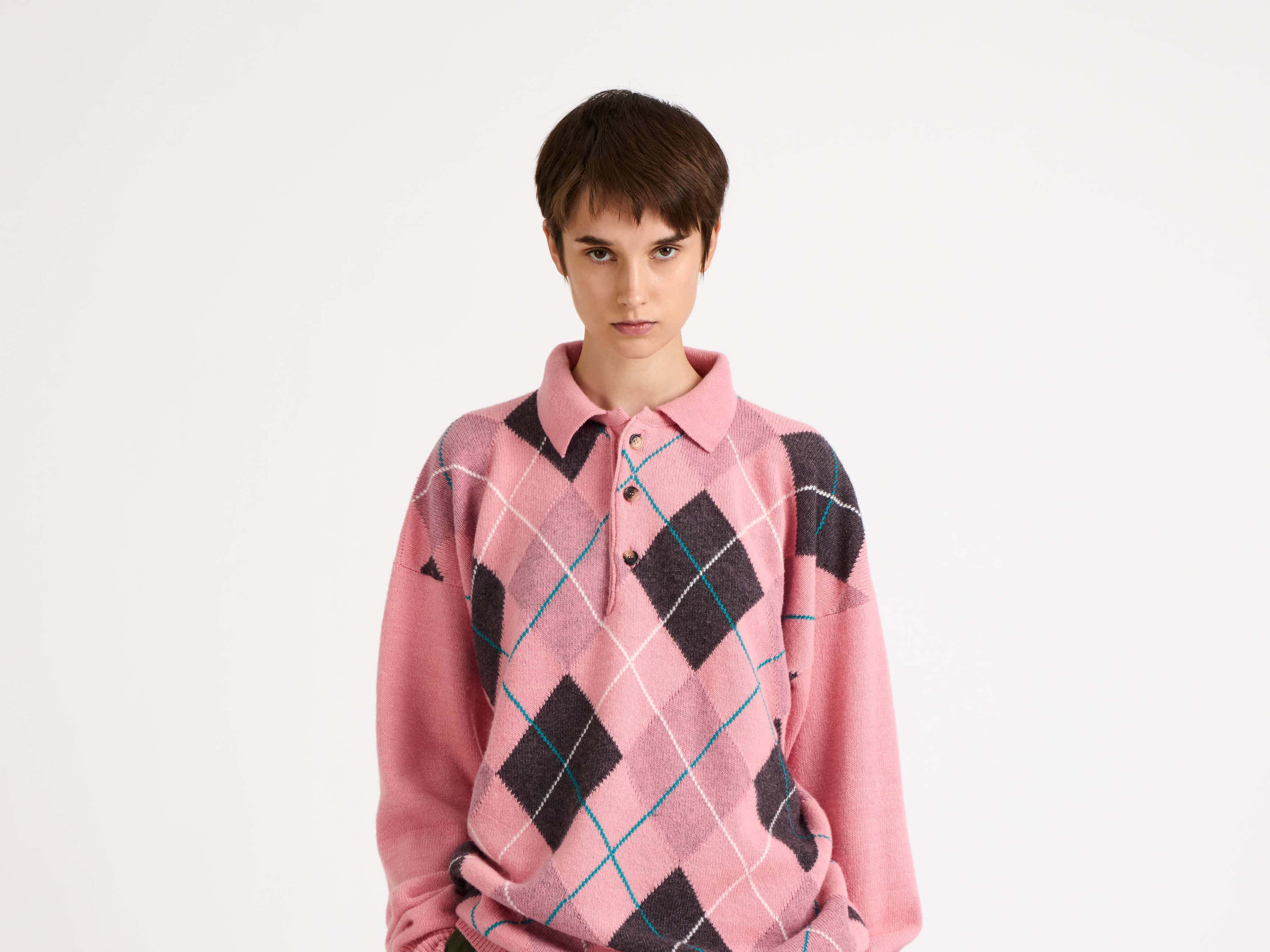 J.W.Anderson x Pringle Argyle Polo Top Bubblegum Wolle