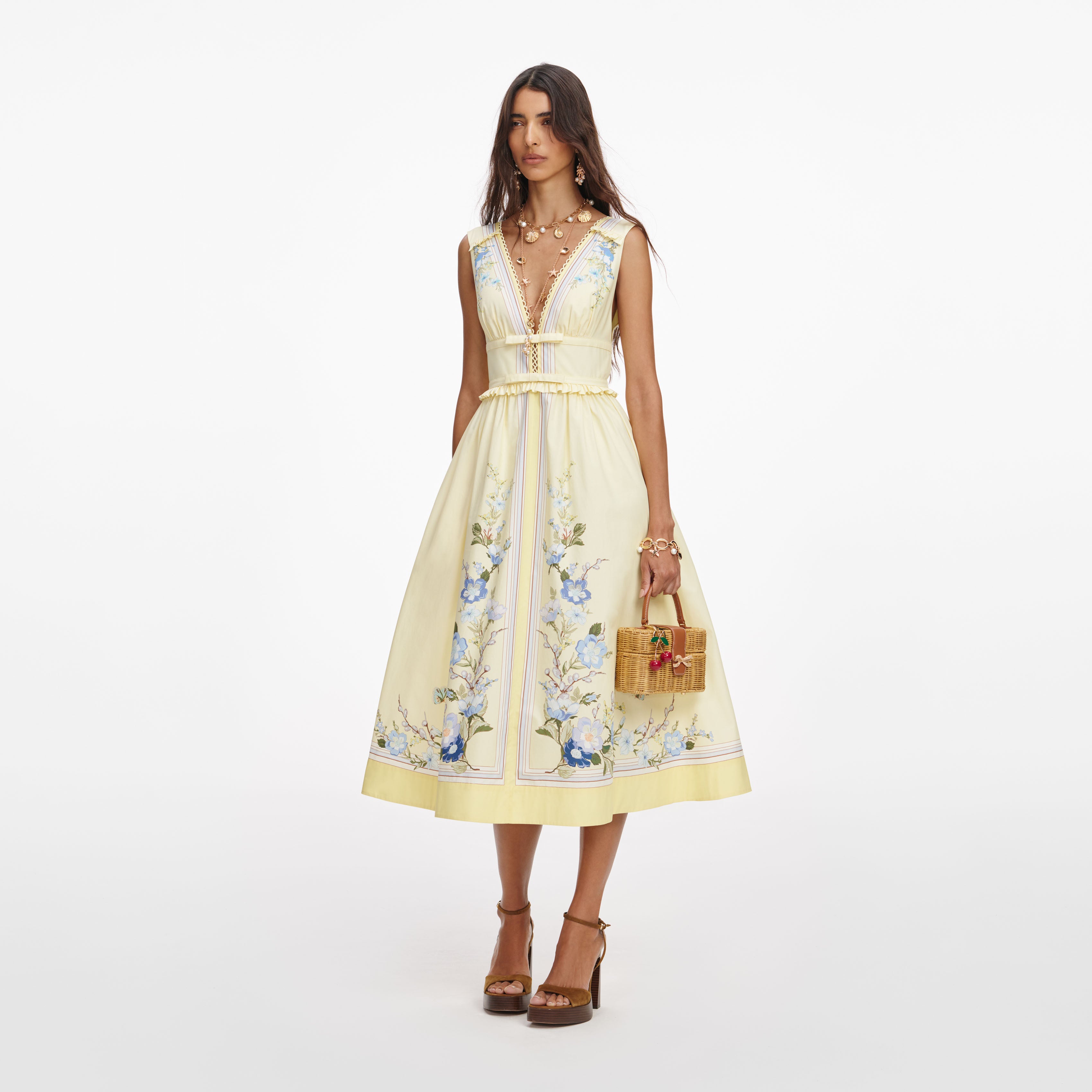 Self Portrait Yellow Floral Cotton Midi Kleid UK 8 Gelb