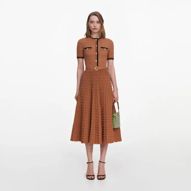 Self Portrait Pointelle Midi Kleid braun Strick Gürtel