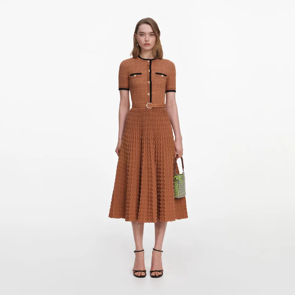 Self Portrait Pointelle Midi Kleid braun Strick Gürtel