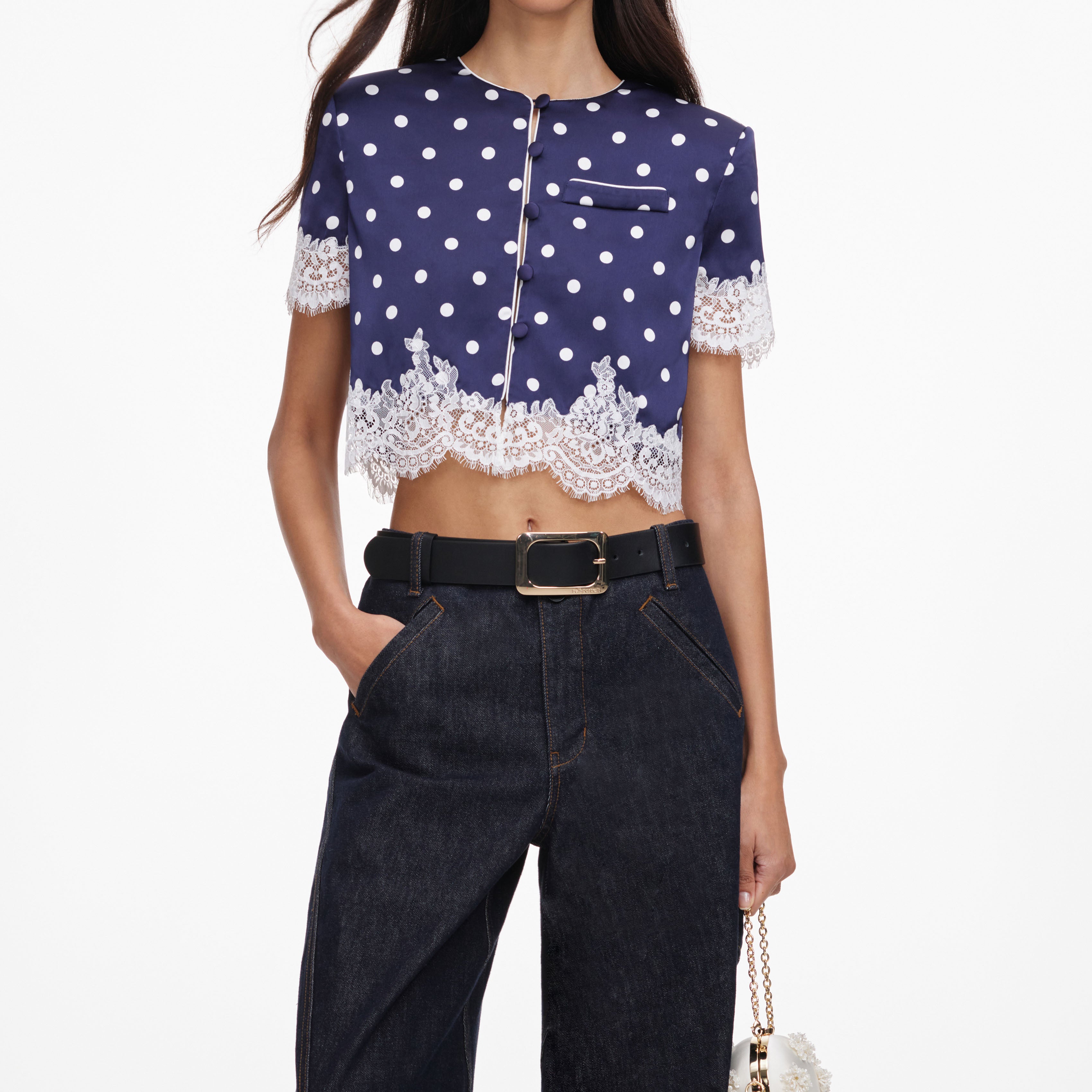 Self Portrait Navy Polka Dot Satin Top blau UK 8