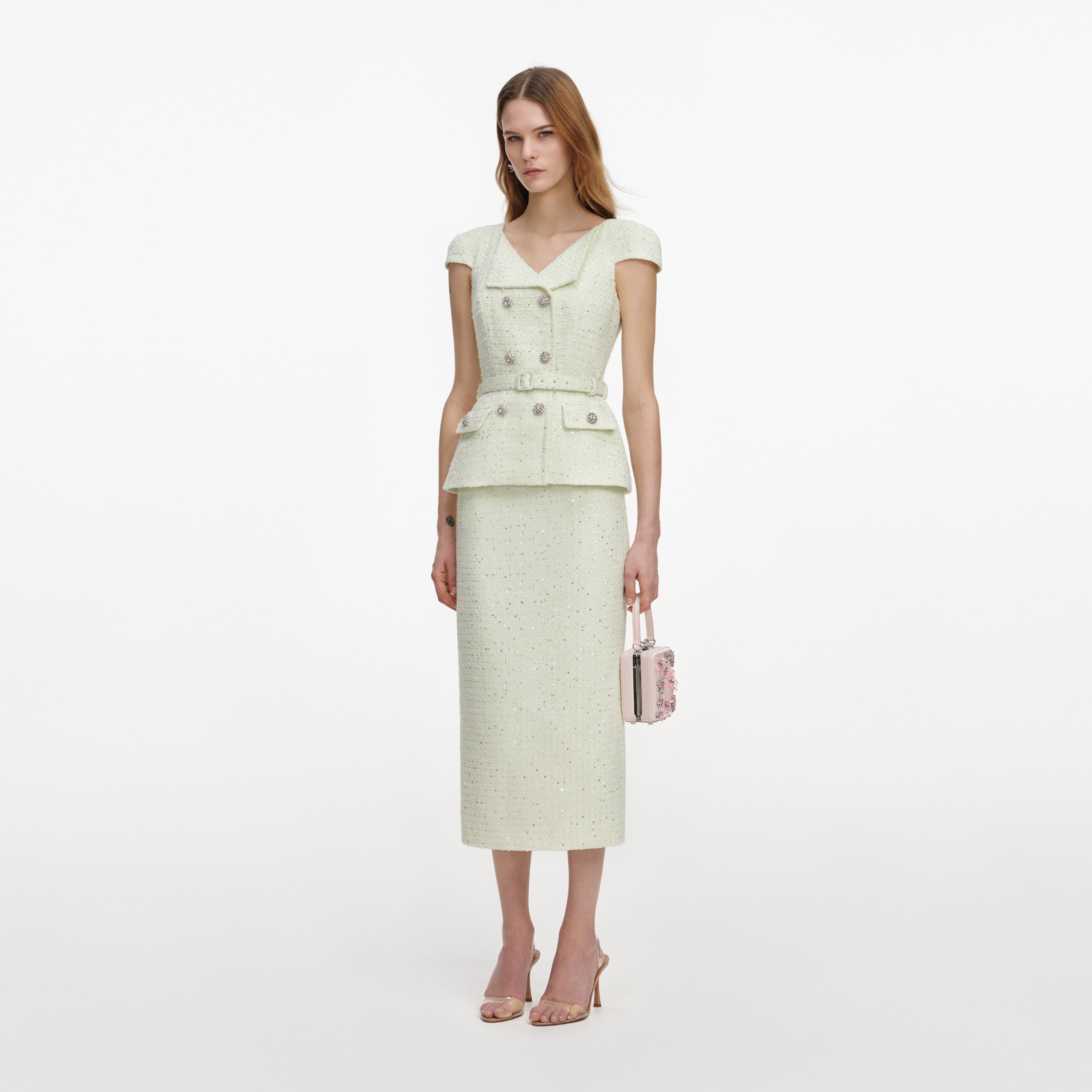 Self Portrait Lime Boucle Midi Kleid Grün Gürtel