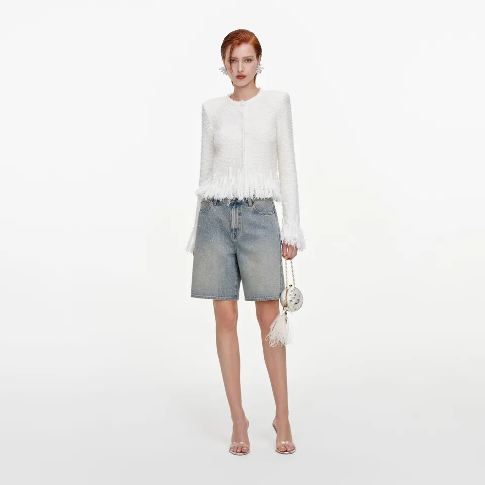 Self Portrait White Fringe Knit Cardigan Wei Boucle