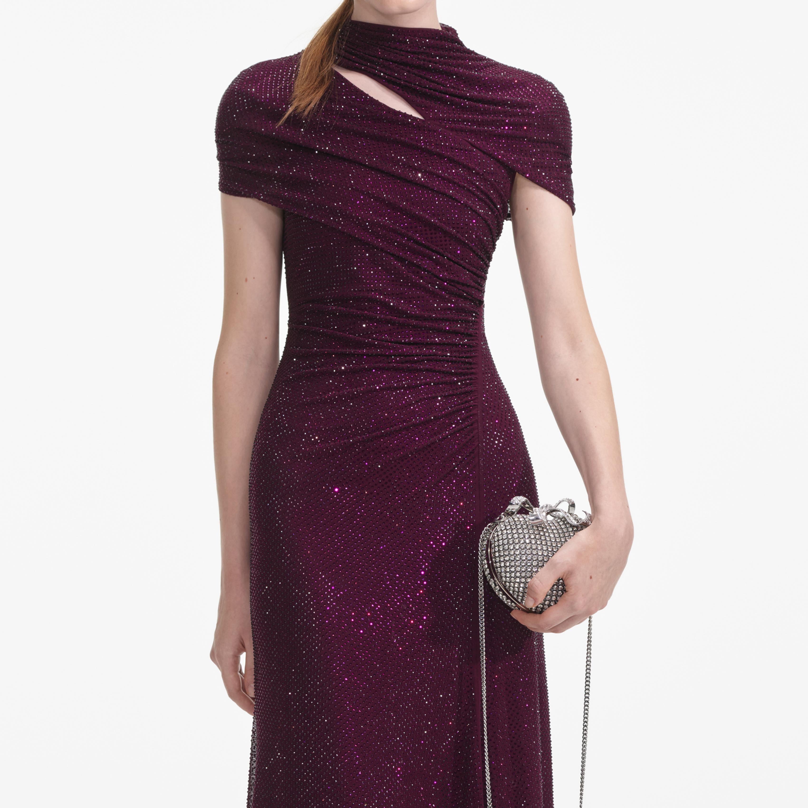 Self Portrait Burgundy Rhinestone Mesh Cut Out Midi Kleid UK 8