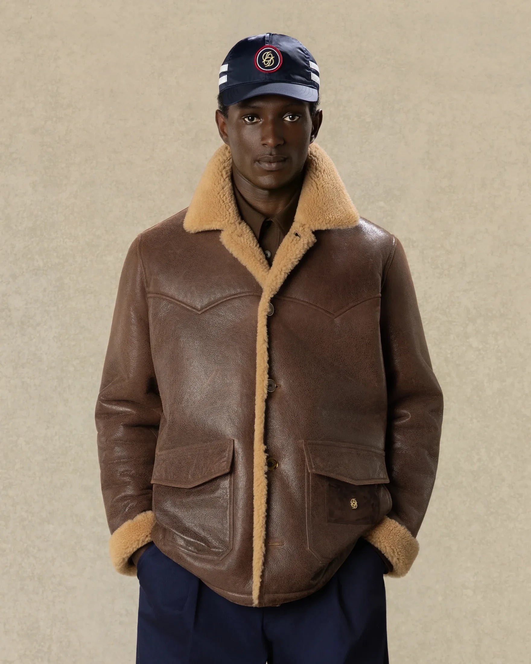 Drôle De Monsieur Leather Shearling Lederjacke Braun Lammfell