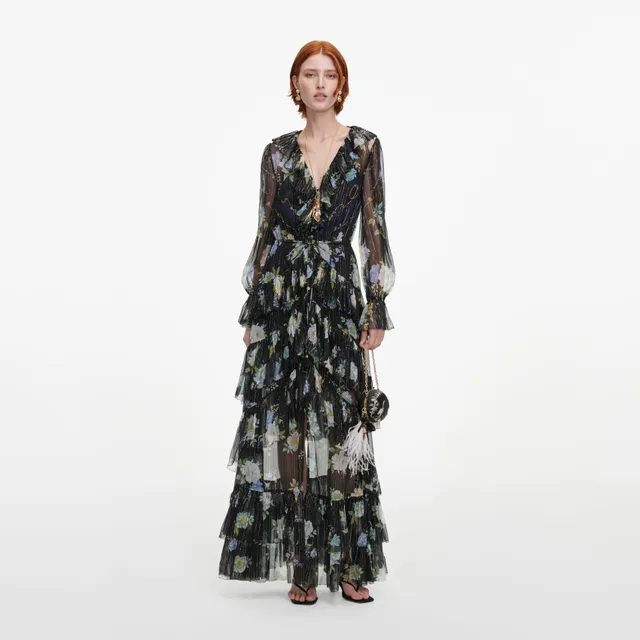 Self Portrait Floral Georgette Maxikleid Navy Blumen