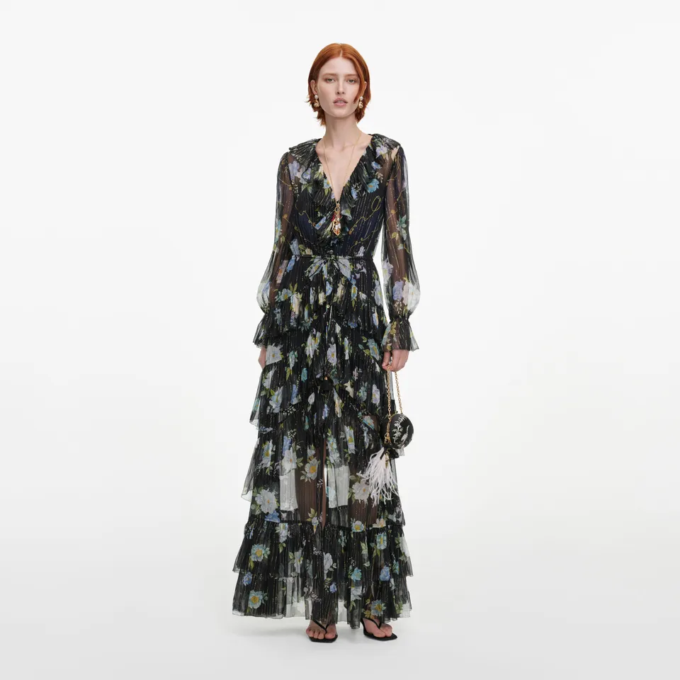 Self Portrait Floral Georgette Maxikleid Navy Blumen