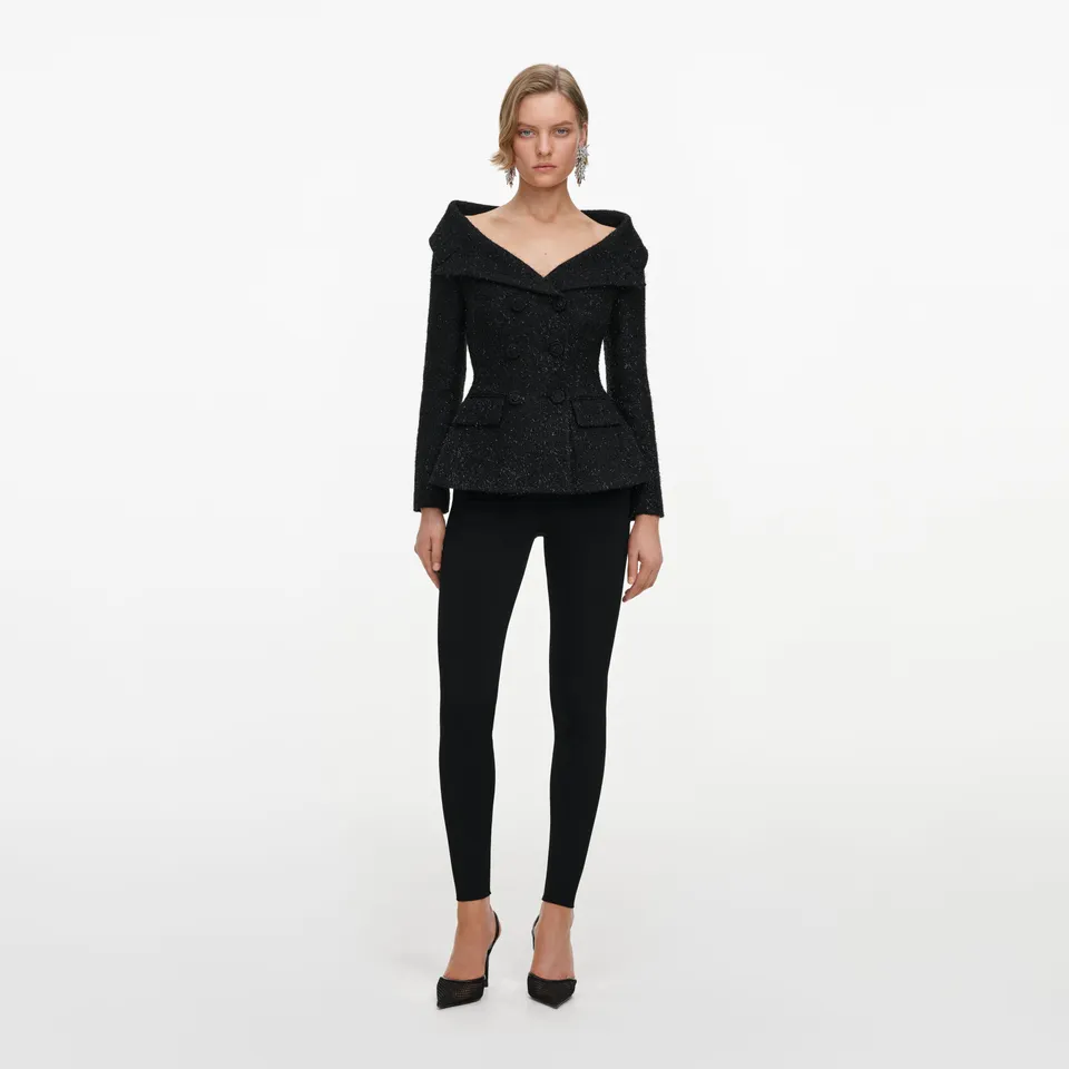 Self Portrait Black Metallic Boucle Jacke Schwarz