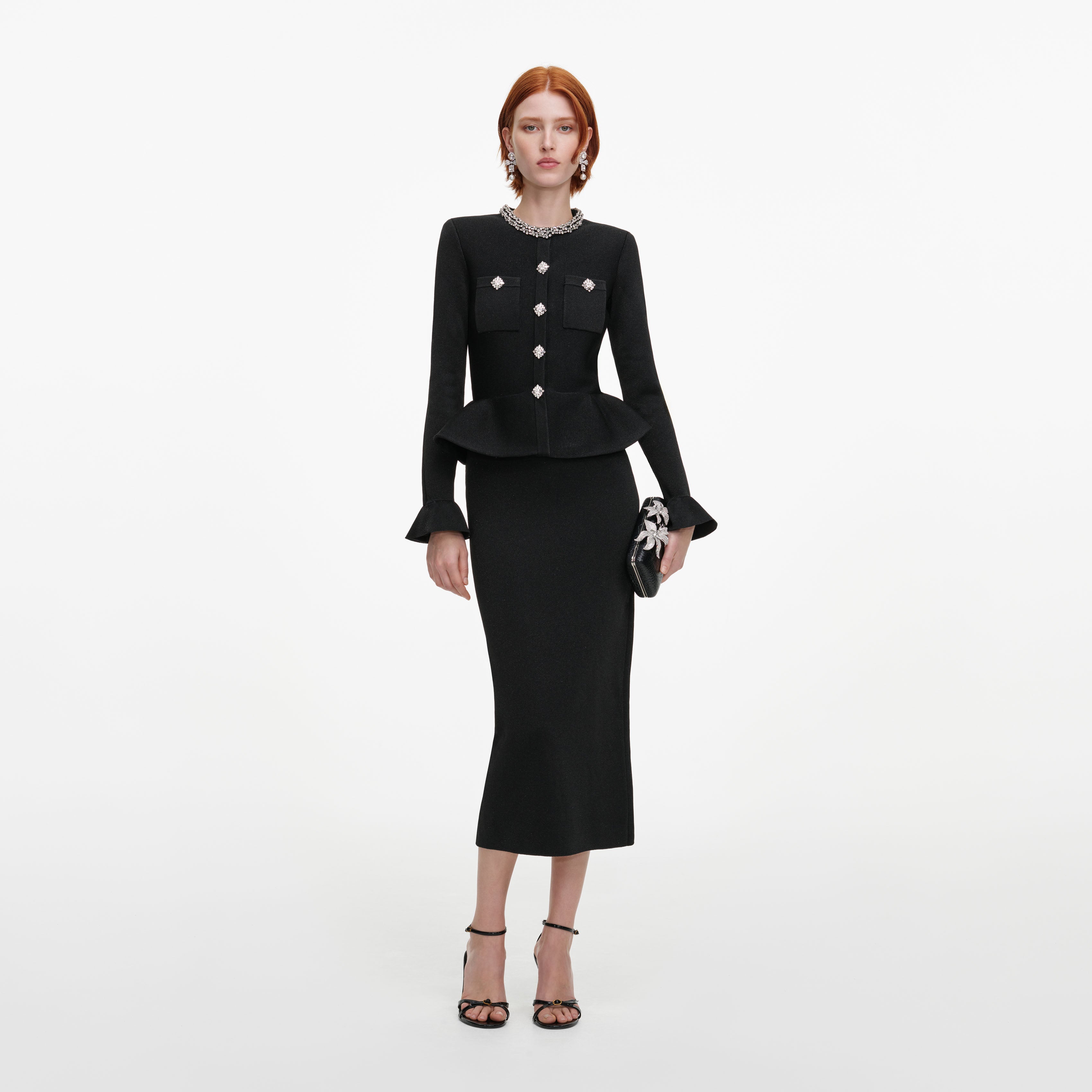 Self Portrait Black Crystal Trim Knit Midi Kleid Schwarz