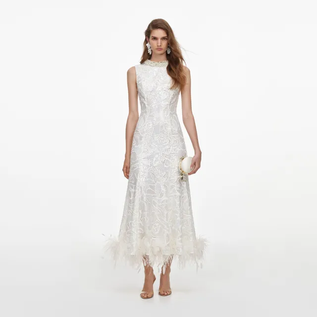 Self Portrait Sequin Lace Midi Kleid Weiß Federn