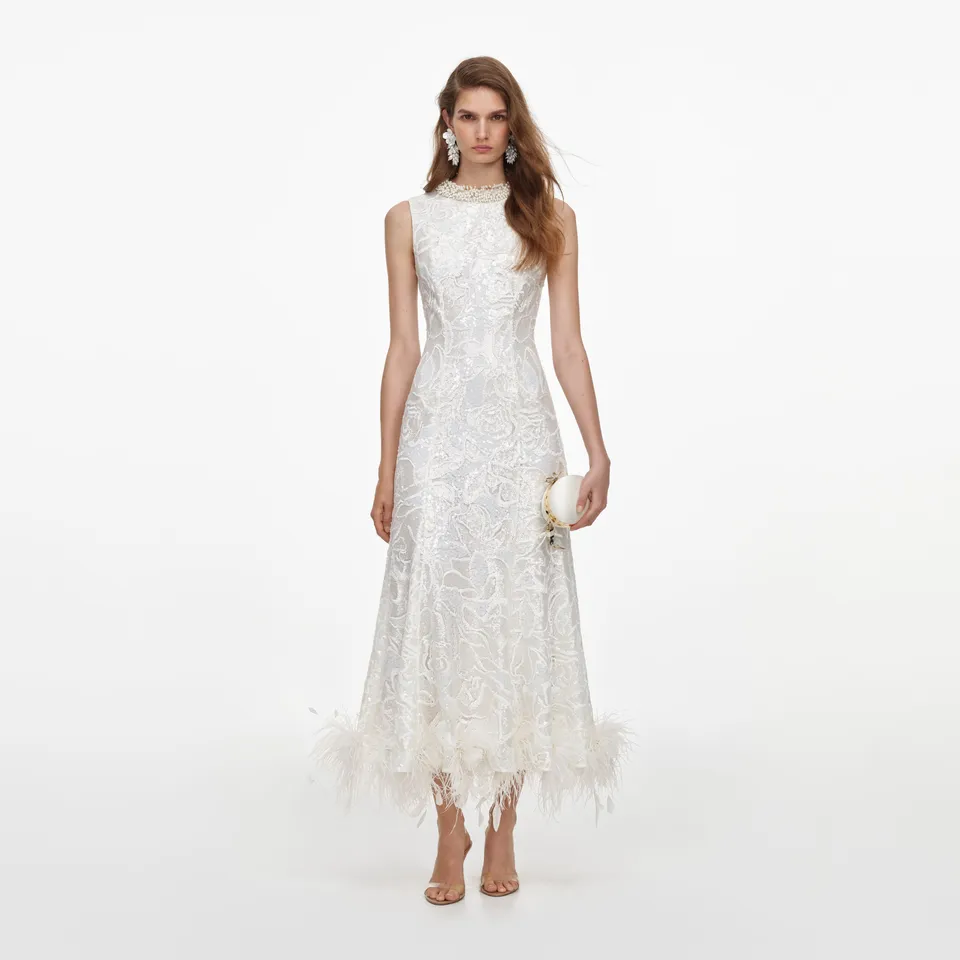 Self Portrait Sequin Lace Midi Kleid Weiß Federn