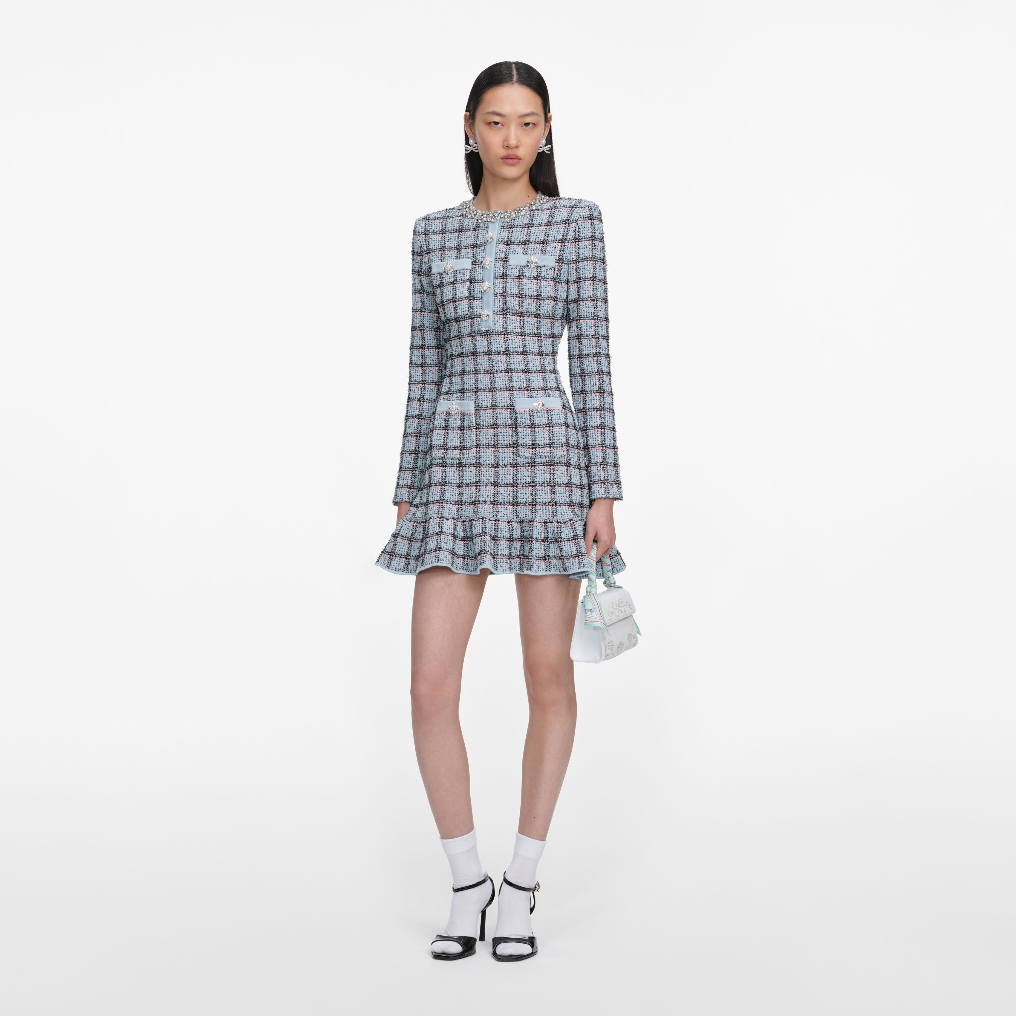 Self Portrait Blue Check Knit Minikleid Strickkleid Blau S Knöpfe