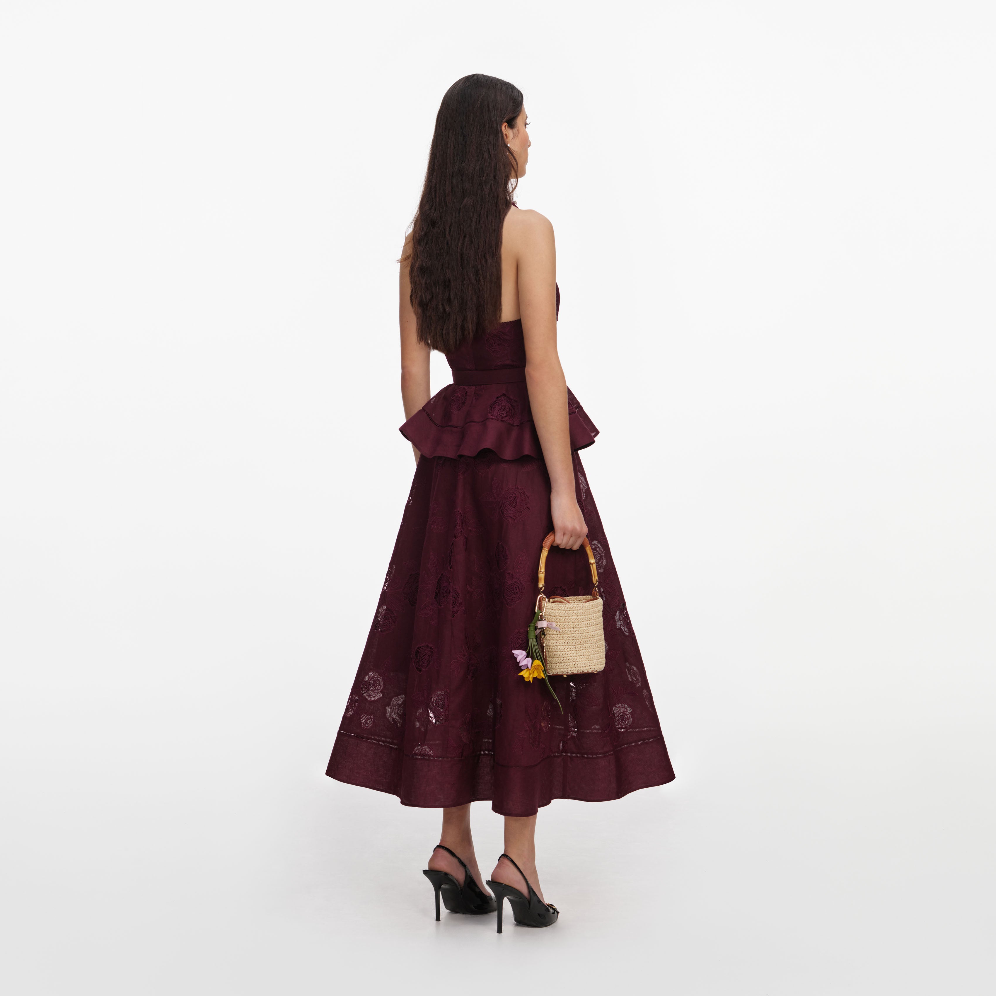 Self Portrait Plum Linen Peplum Midi Leinenkleid Beere