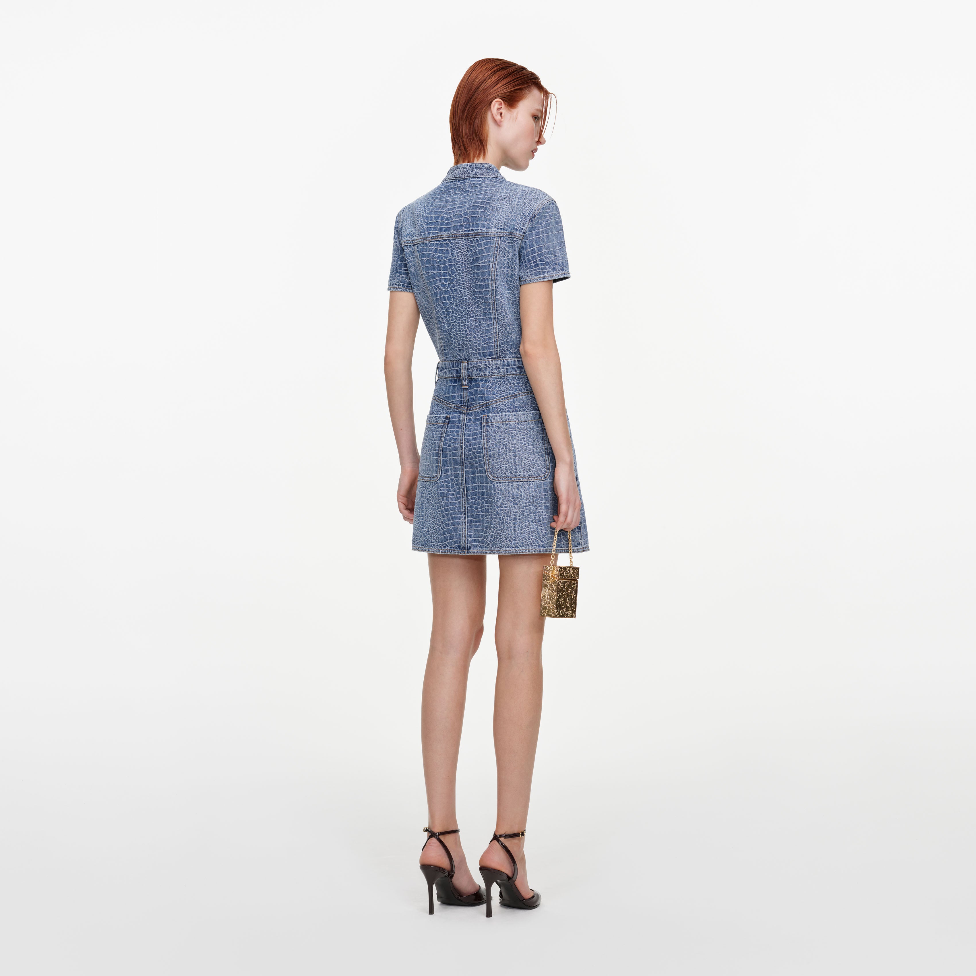 Self Portrait Croc Denim Mini Kleid Blau mit Bindekragen
