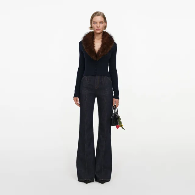Self Portrait Faux Fur Cardigan Strick Navy S