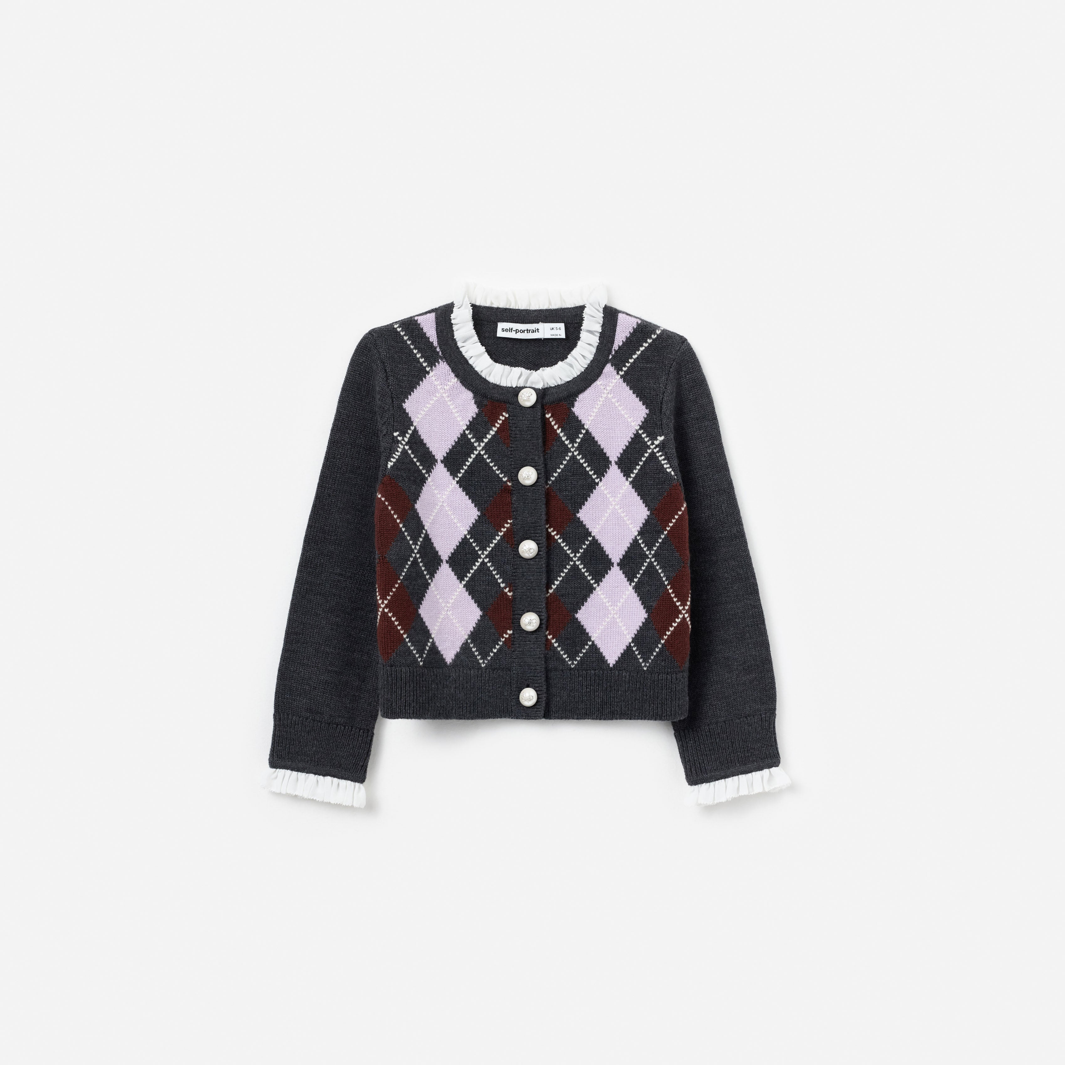 Self Portrait Grey Argyle Embellished Cardigan Grau Kinder Strick