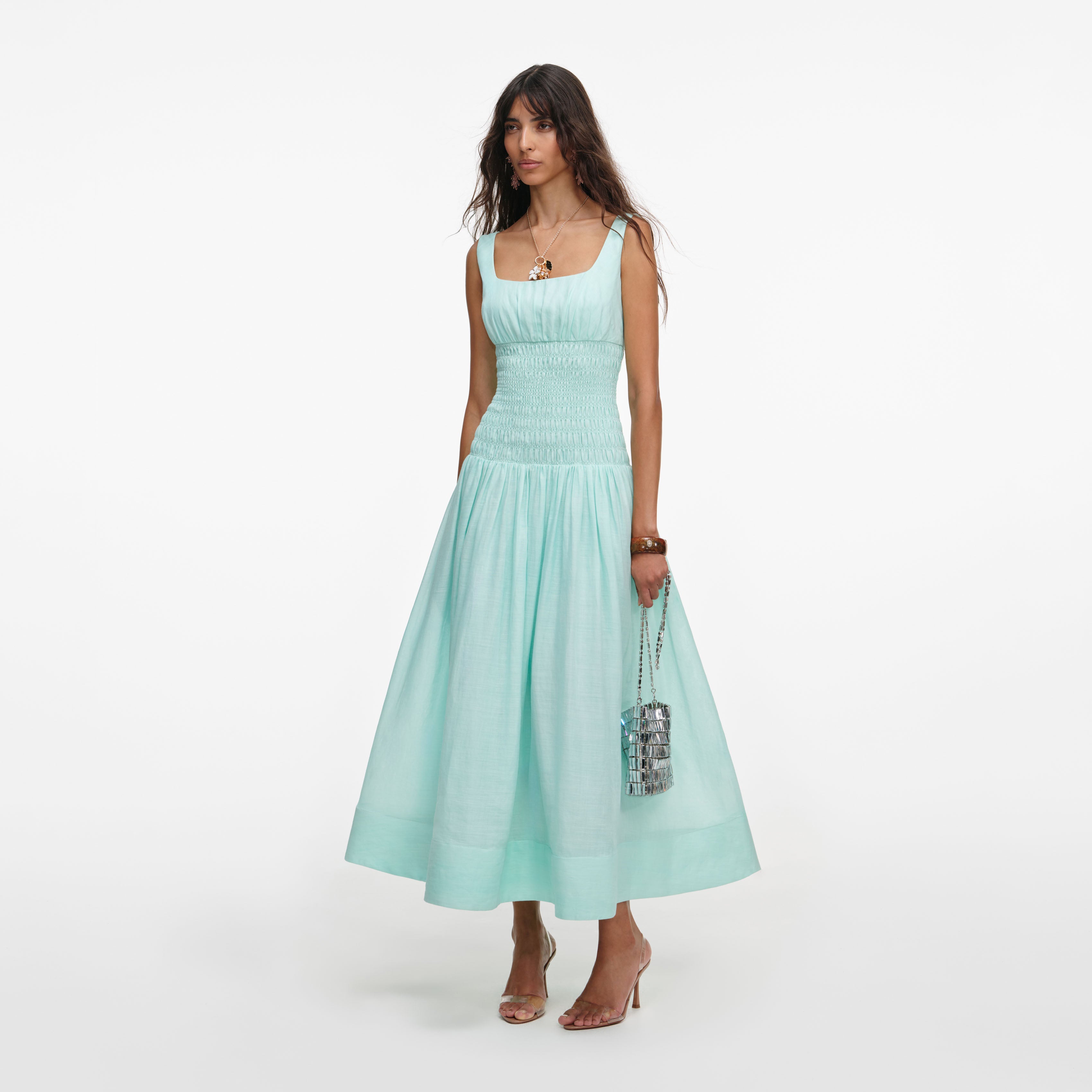 Self Portrait Midi Kleid Mint mit Raffung Drop Waist