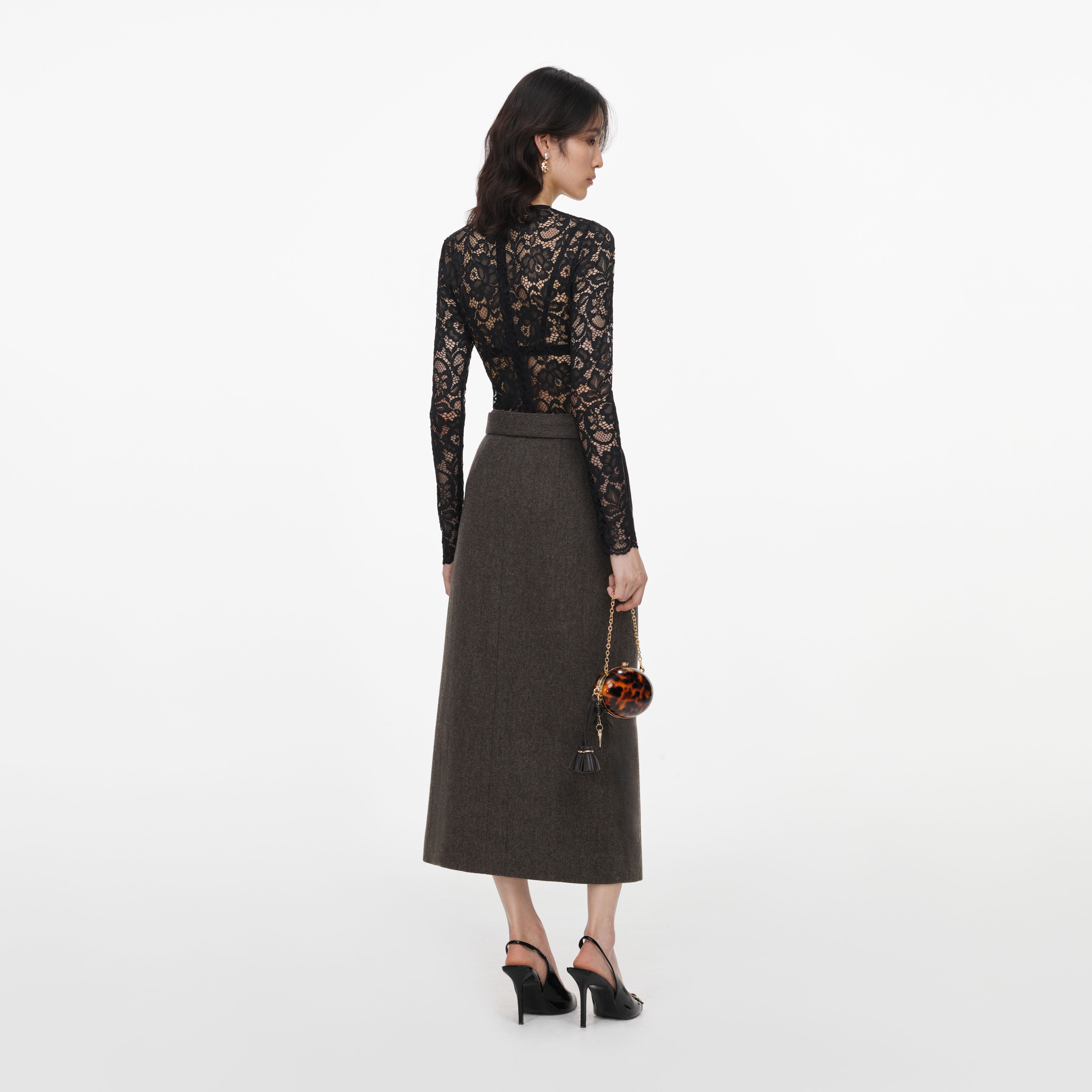 Self Portrait Brown Wool Midi Rock mit Schlitz und Gürtel