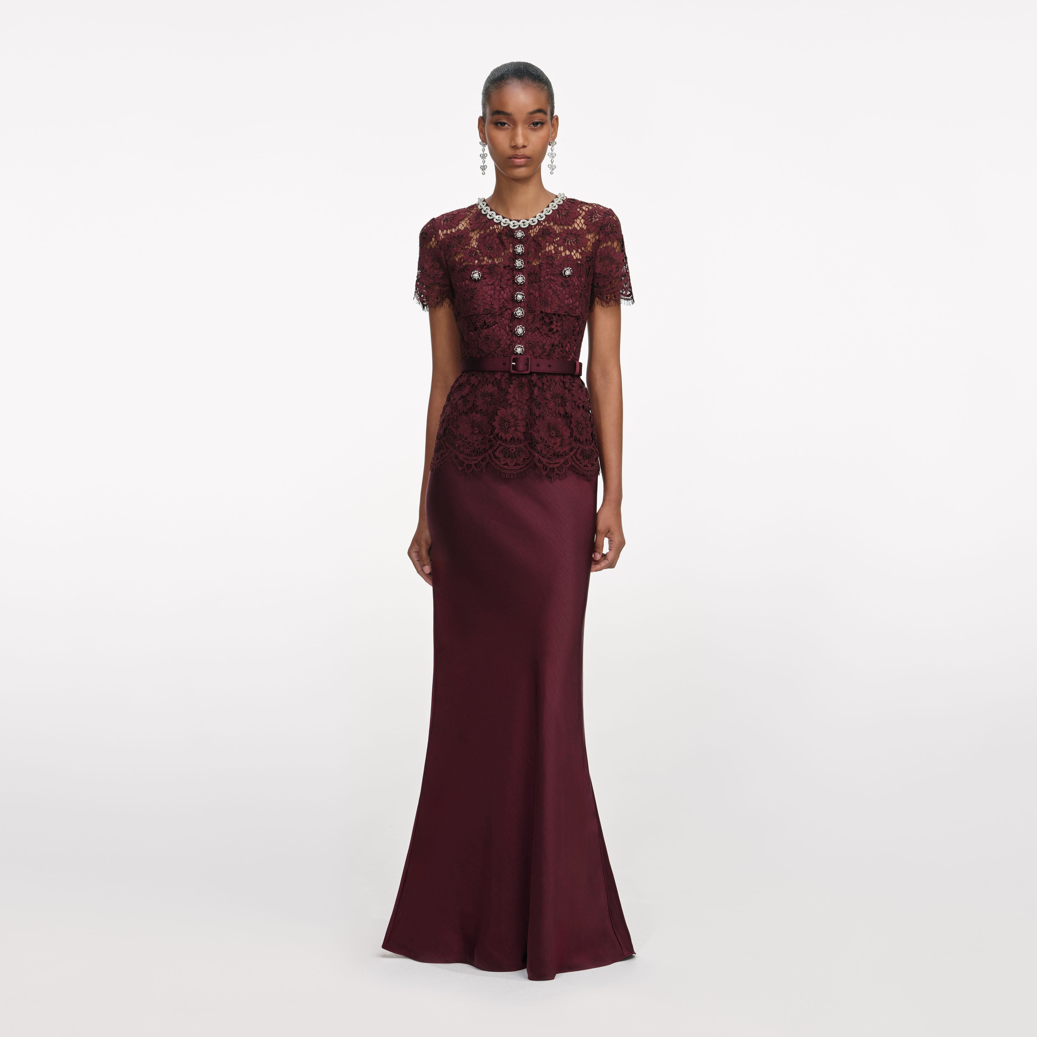 Self Portrait Burgundy Lace Satin Maxi Kleid Burgund UK 8