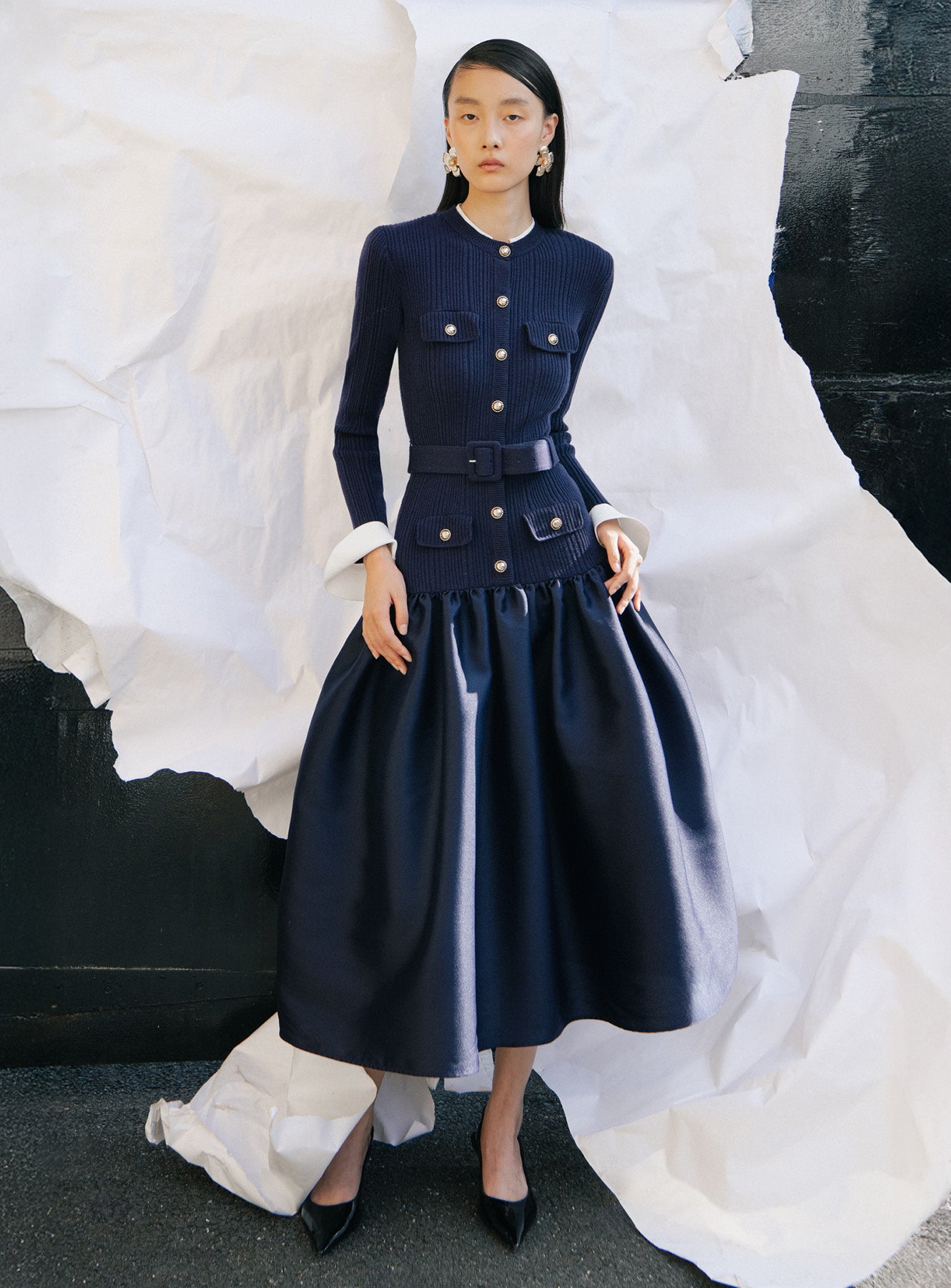 Self Portrait Navy Knit Midikleid Blau Taft Goldknöpfe
