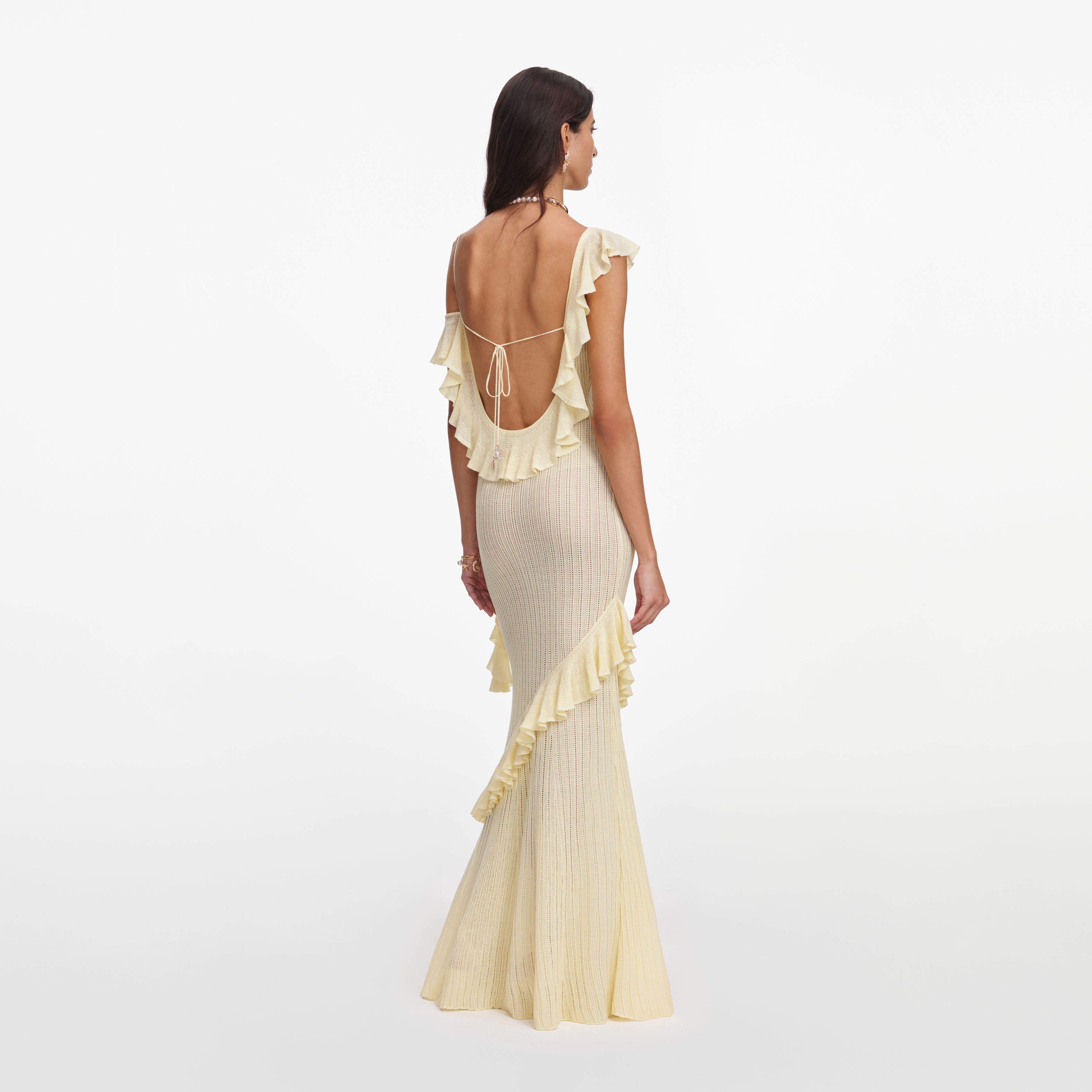 Self Portrait Yellow Ruffle Knit Maxi Dress Kleid Gelb Rückenfrei
