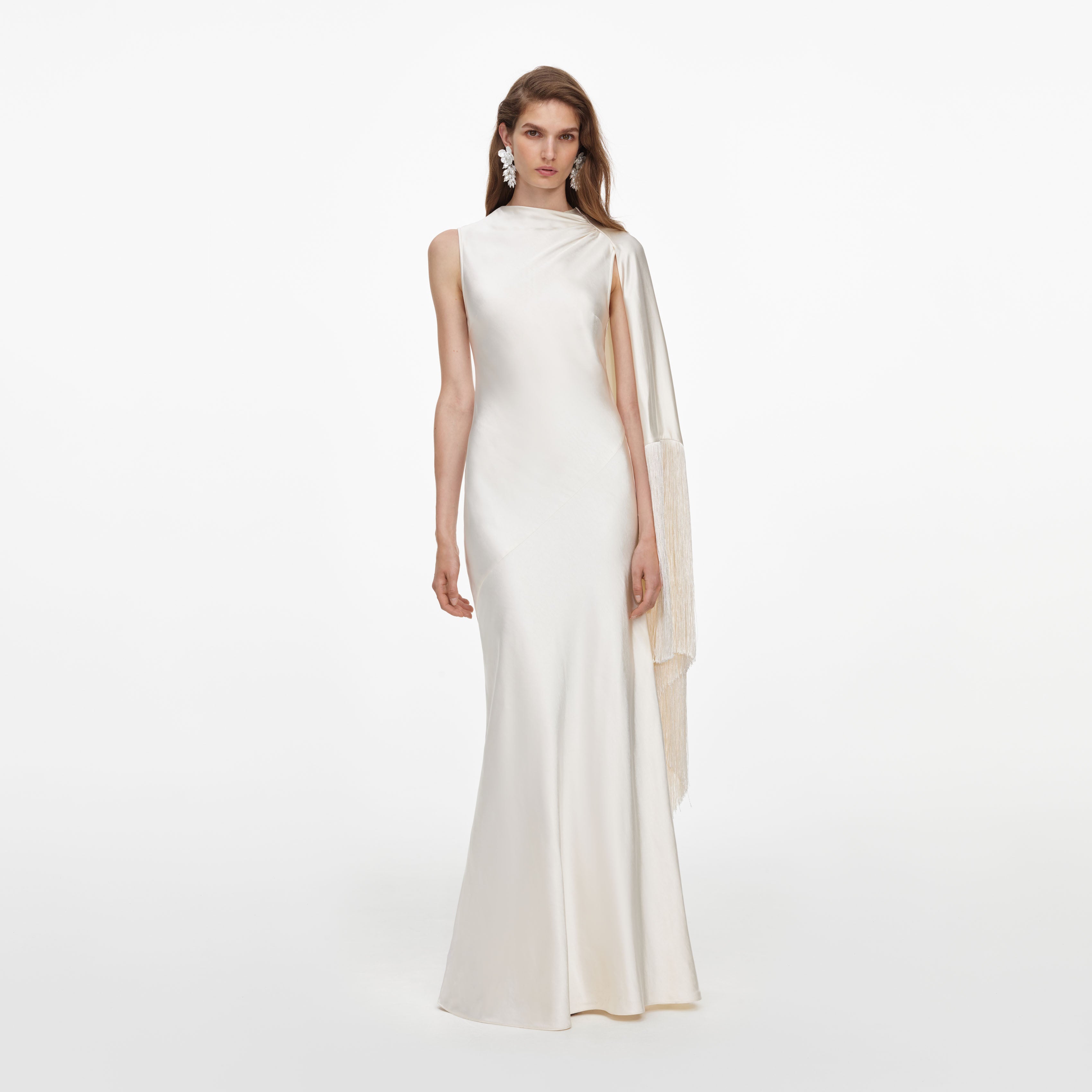 Self Portrait Dresses Cream Satin Fringed Maxi Kleid Creme UK 8
