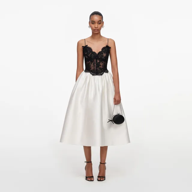 Self Portrait Cream Taffeta Lace Midi Kleid Creme Schwarz UK 6