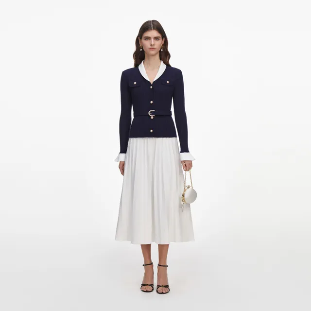 Self Portrait Navy Ribbed Knit Contrast Midikleid navy Strick