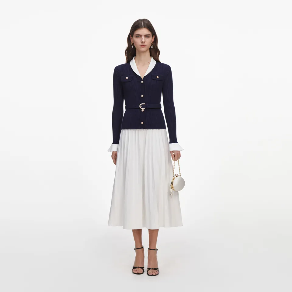 Self Portrait Navy Ribbed Knit Contrast Midikleid navy Strick