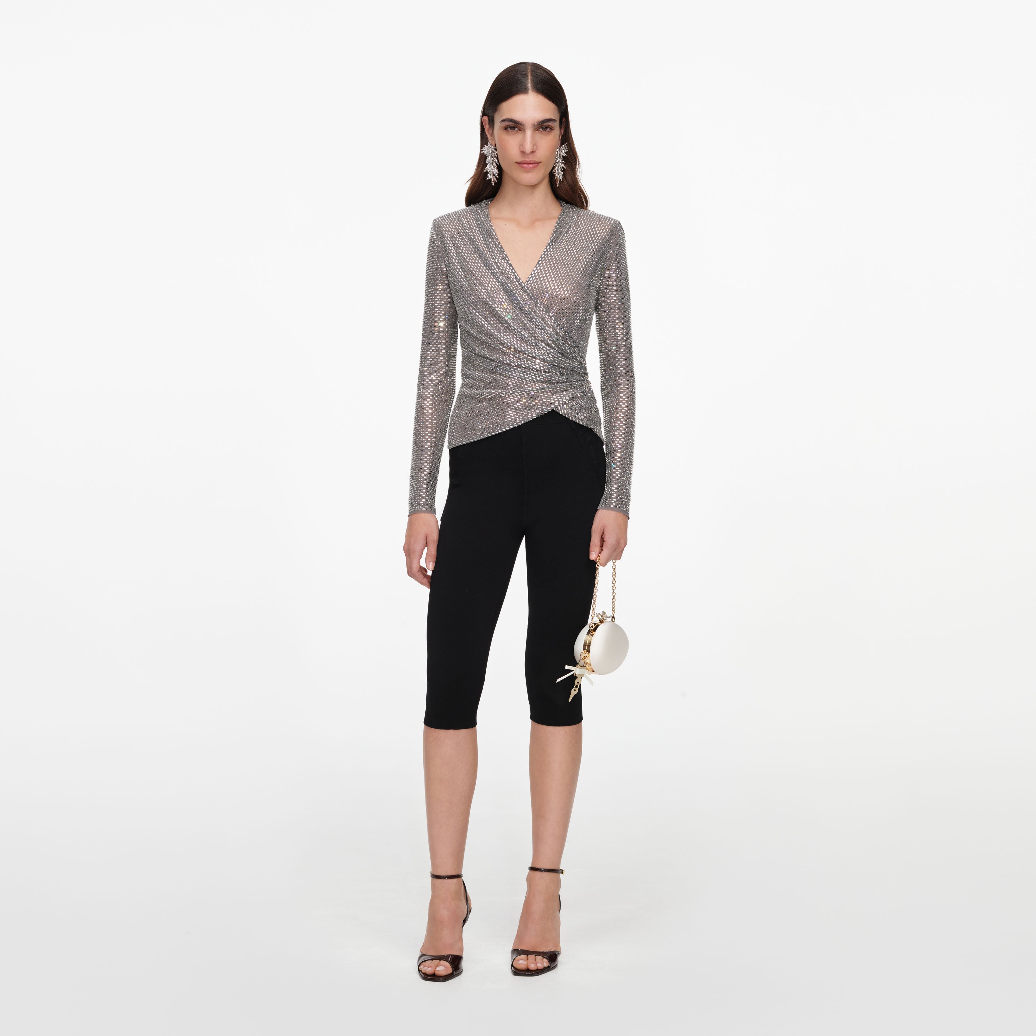 Self Portrait Grey Rhinestone Mesh Wrap Top grau Strass
