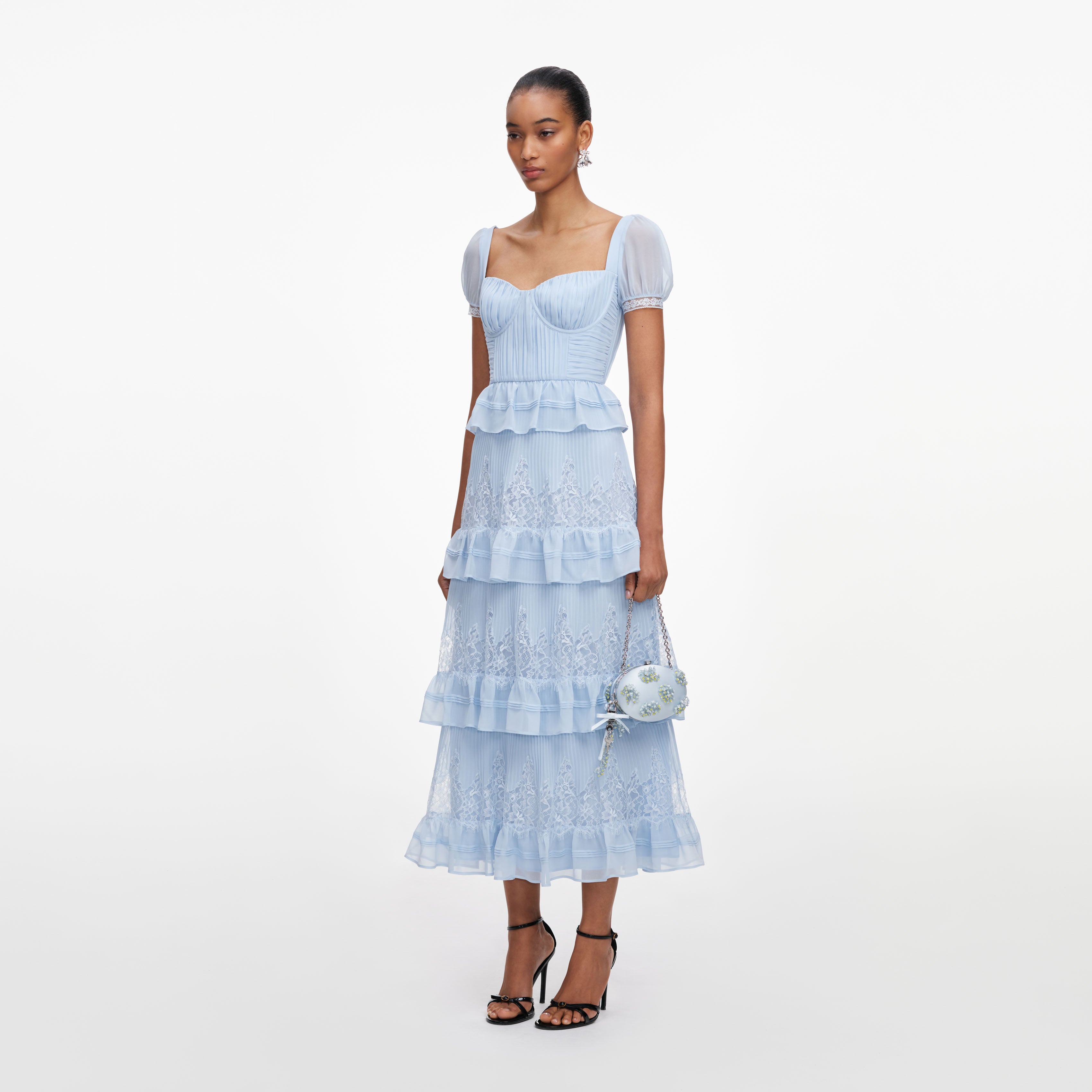 Self Portrait Blue Chiffon Short Sleeve Midi Kleid blau