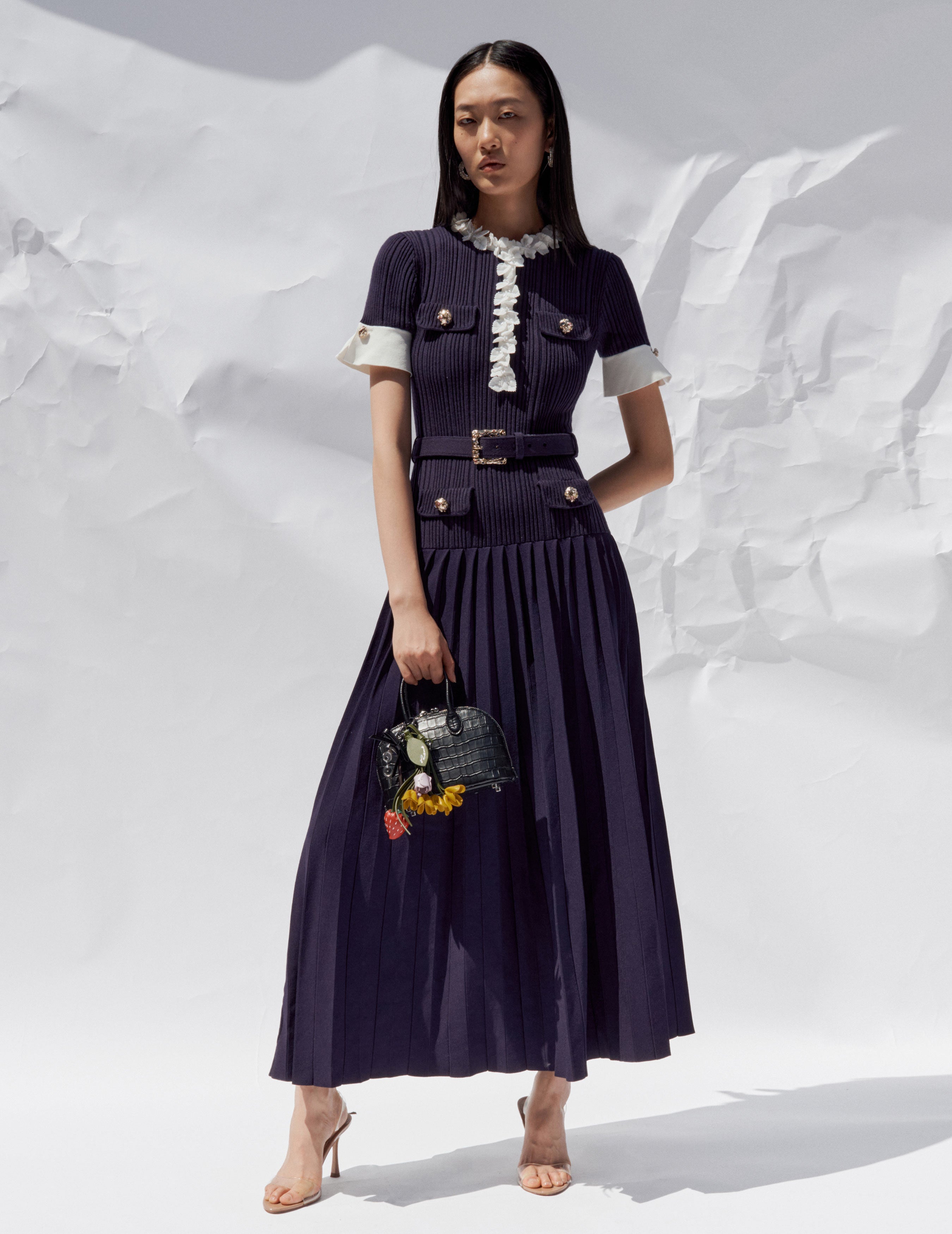 Self Portrait Navy Rib Knit Midi Dress Strickkleid Navy