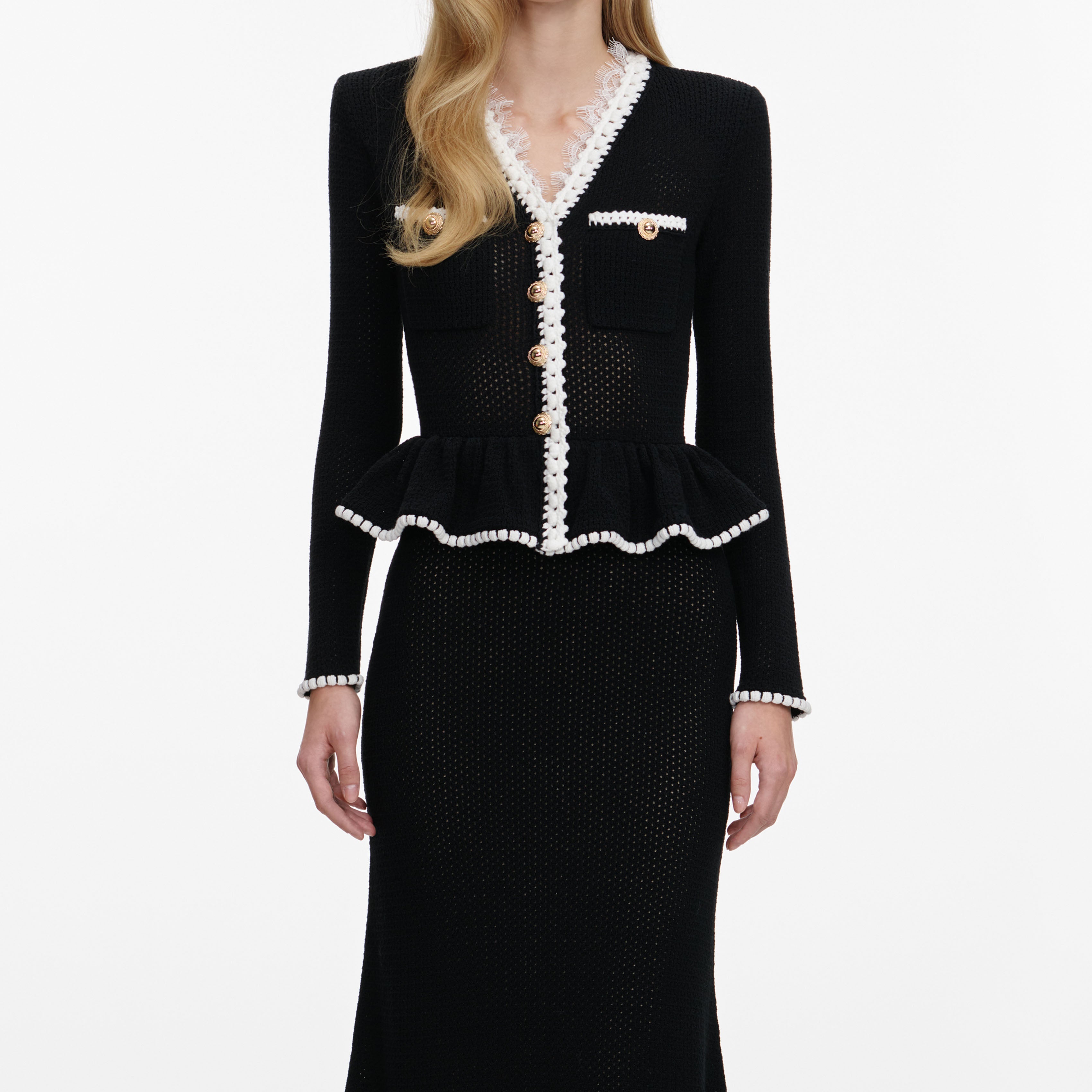 Self Portrait Strick Midi Kleid Schwarz Peplum Spitze