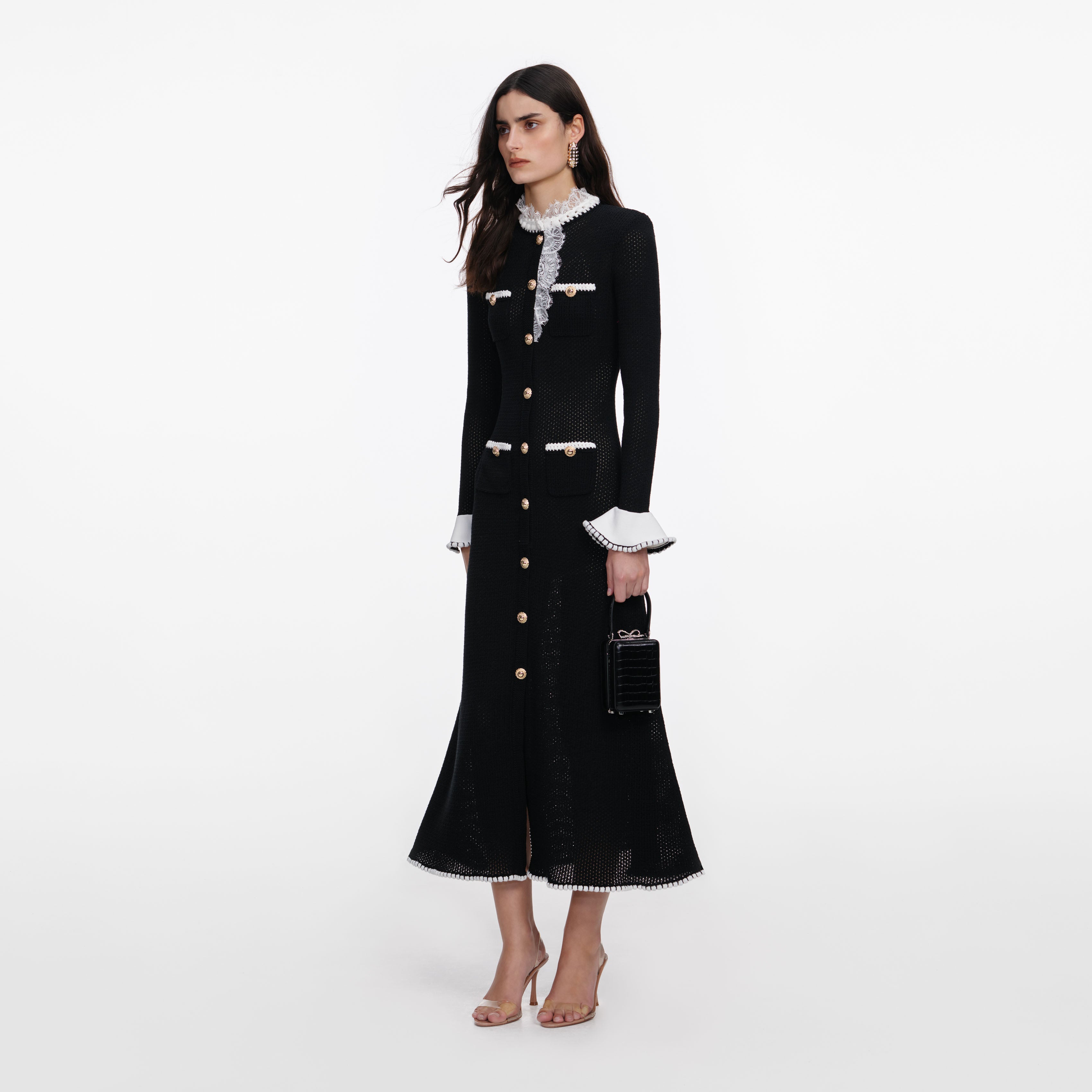 Self Portrait Black Lace Trim Knit Midi Dress Strickkleid schwarz