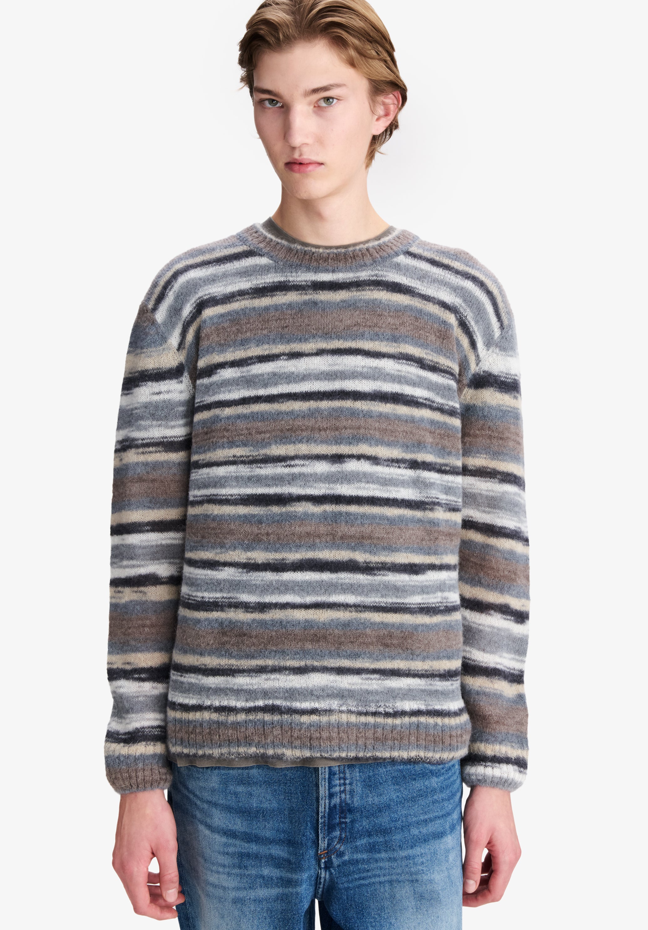 A.P.C. gestreifter grauer Alpakapullover Pullover Rundhals