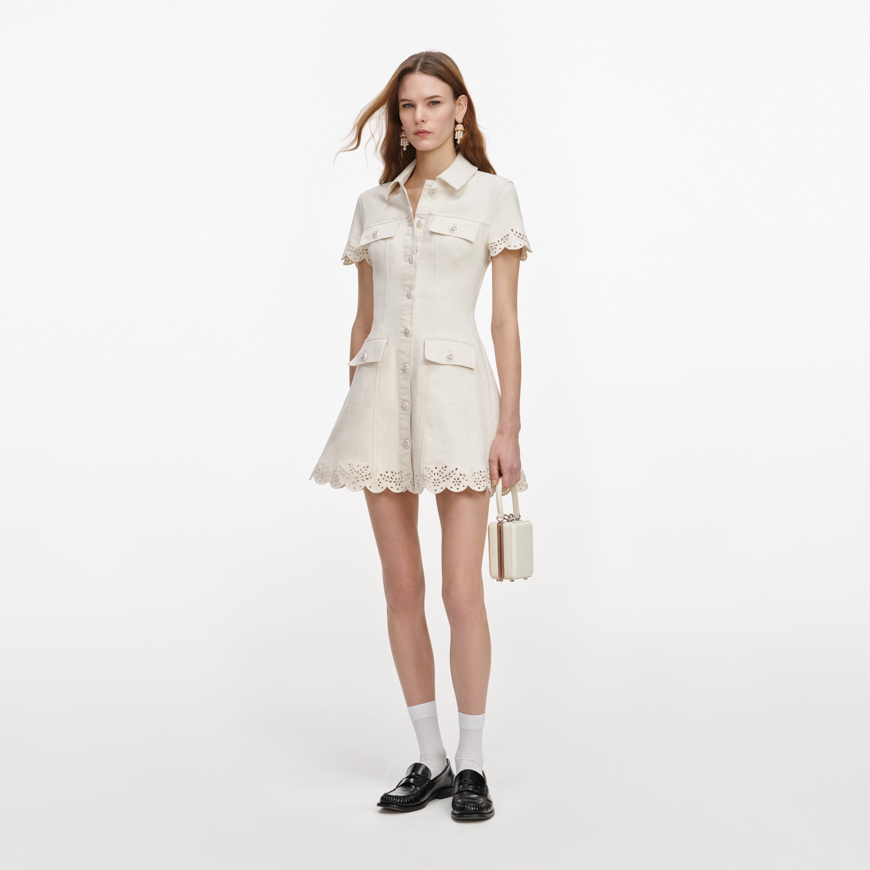Self Portrait Denim Mini Kleid creme Broderie Kragen