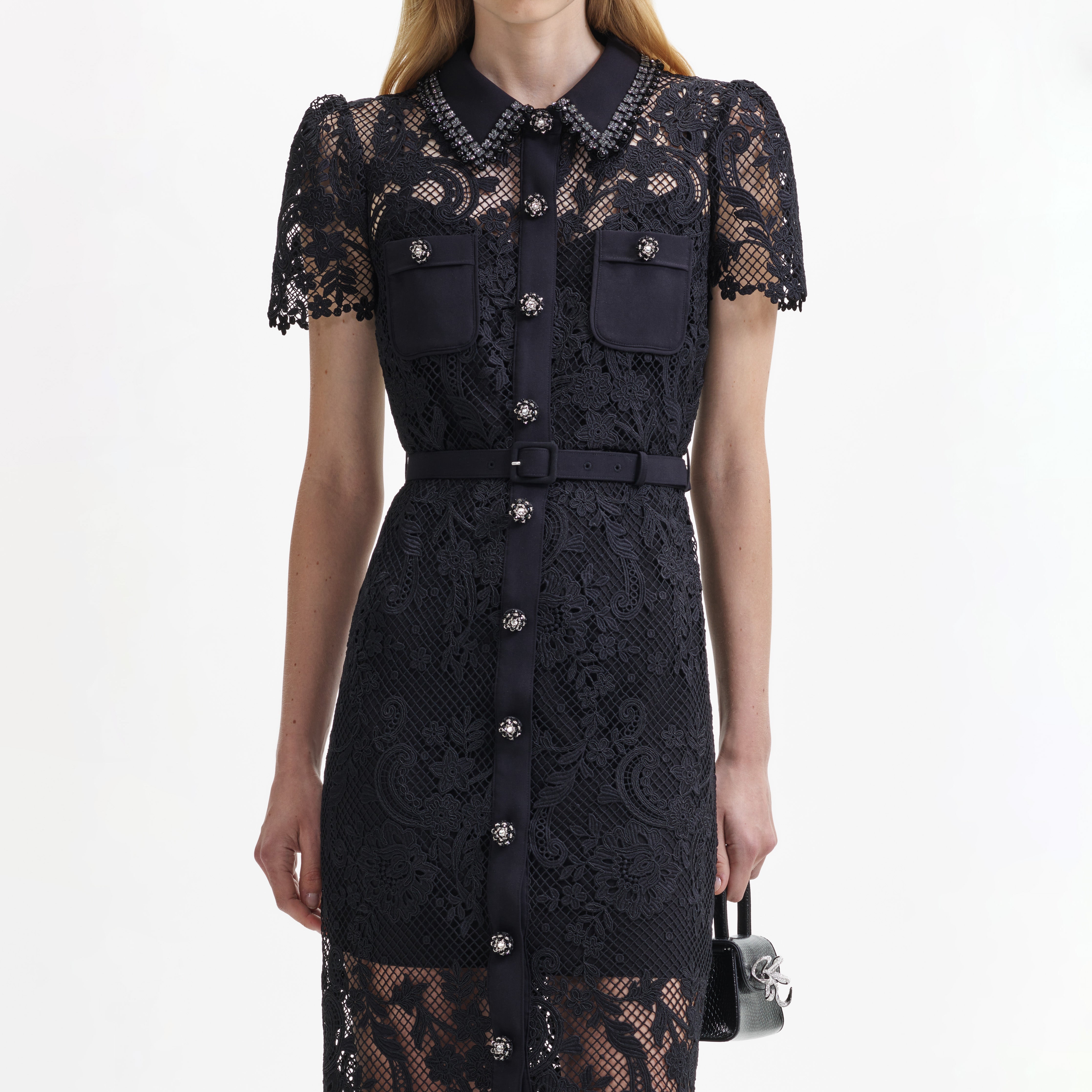 Self Portrait Lace Midi Kleid Schwarz Spitze Knöpfe