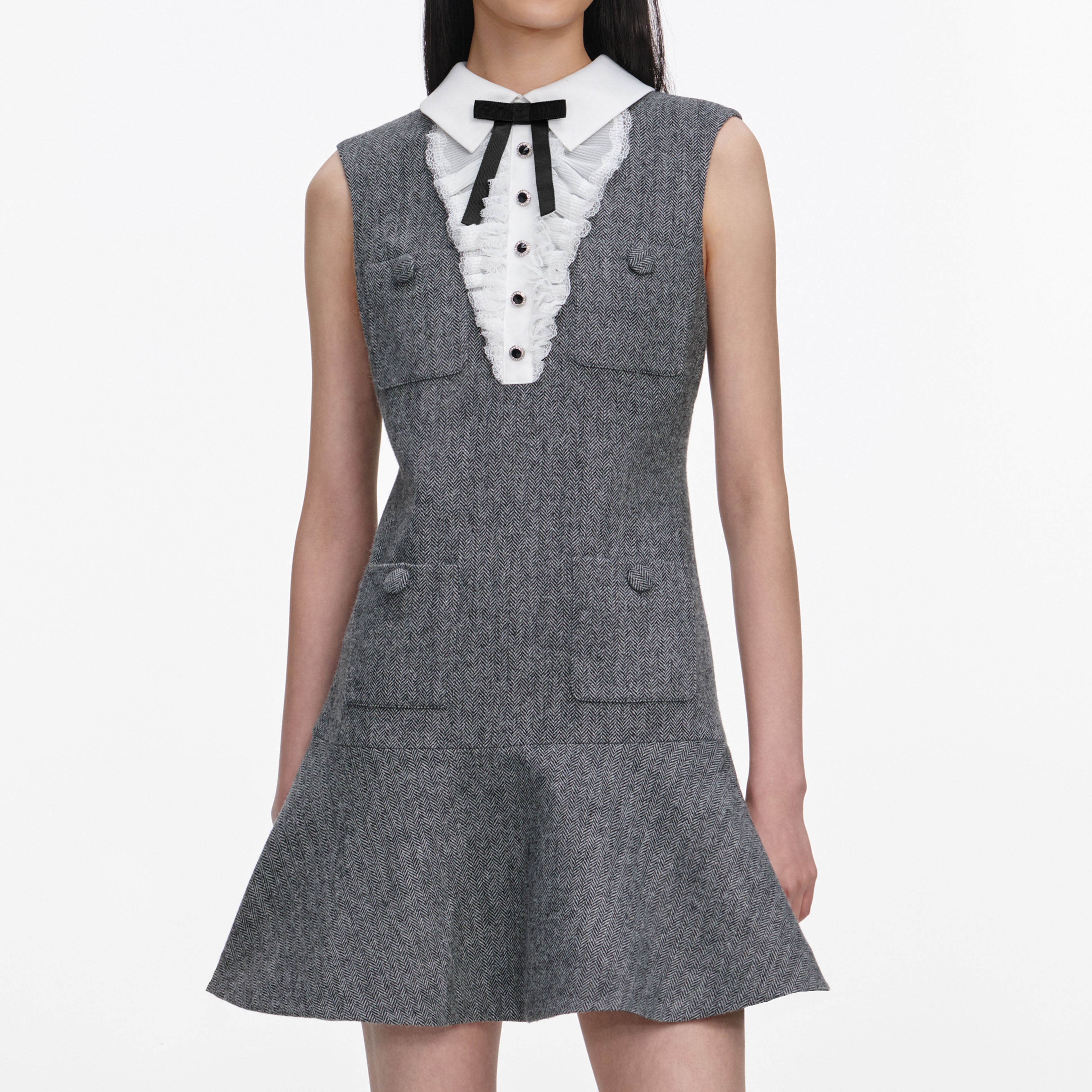 Self Portrait Grey Herringbone Lace Bib Mini Kleid Grau