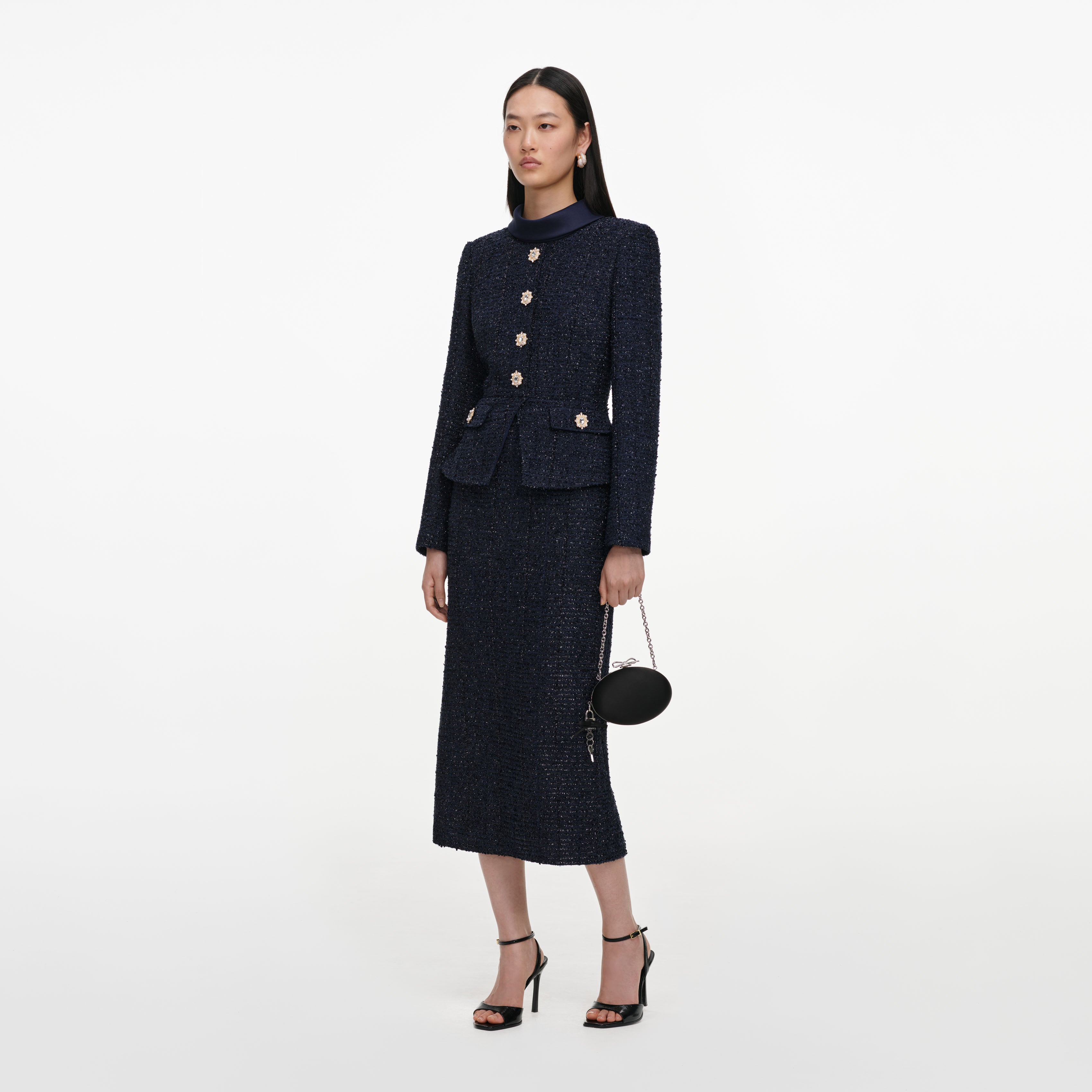Self Portrait Navy Boucle Tailored Midi Kleid Navy Boucle