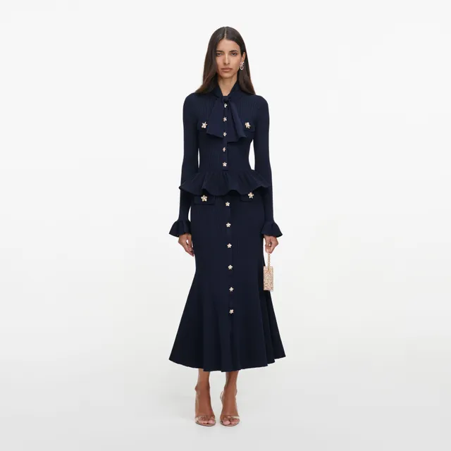 Self Portrait Peplum Strick Midikleid Navy