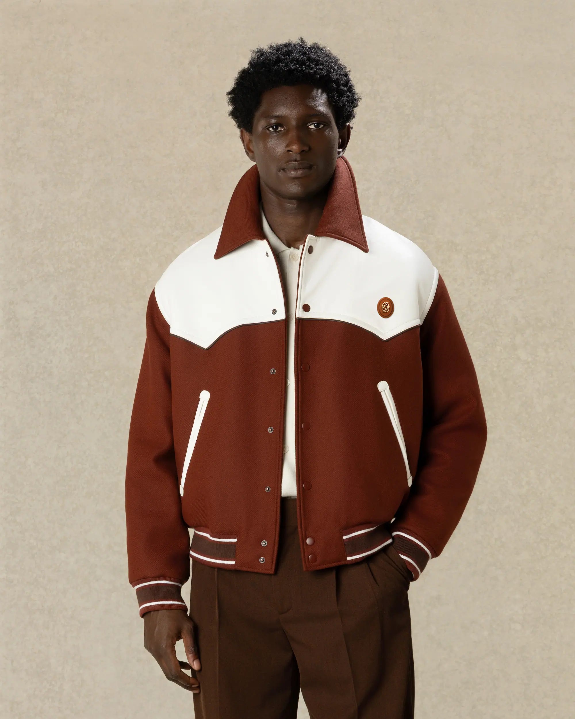 Drôle De Monsieur Leather Apply Bomber Jacke Rot Wolle Leder