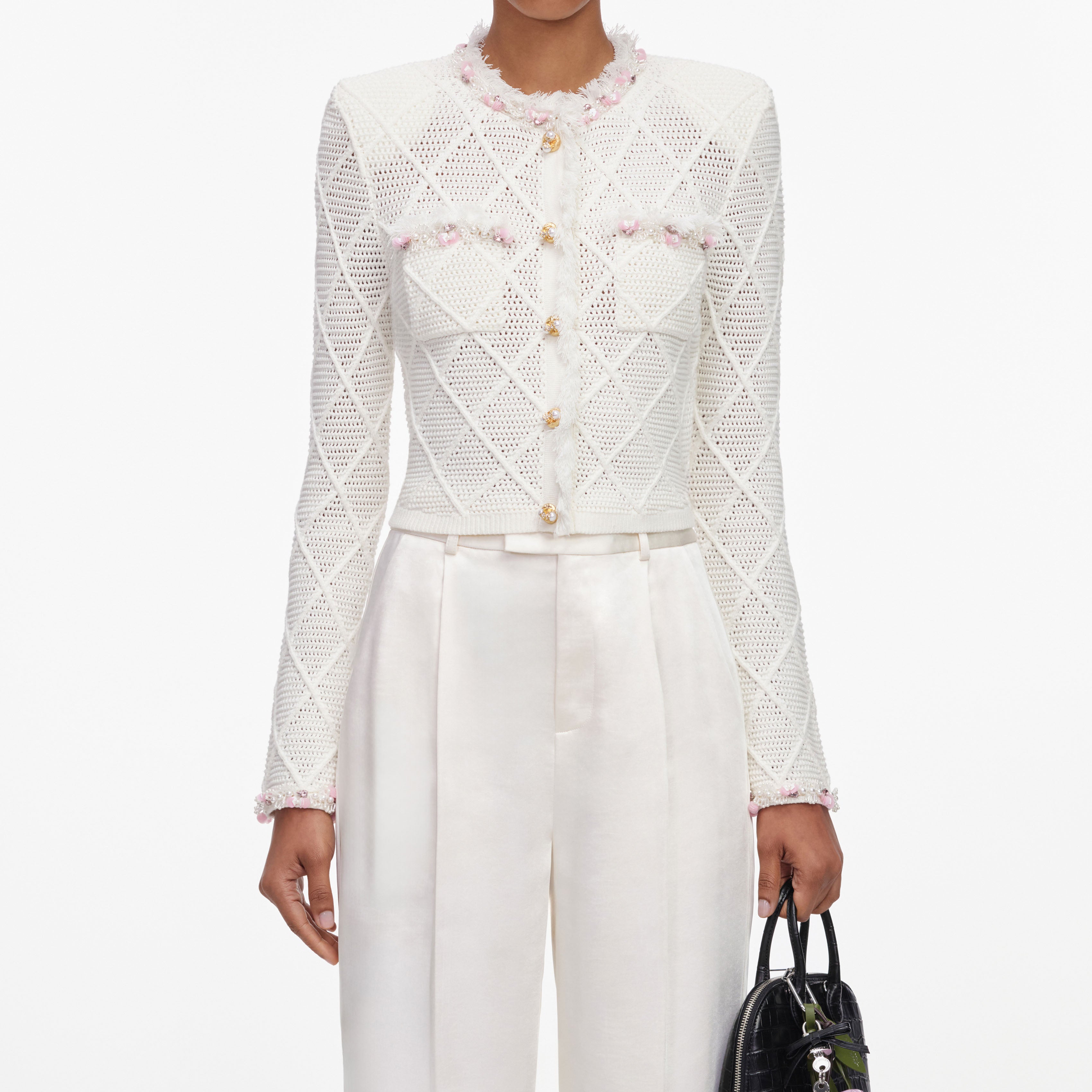 Self Portrait Fransen Strickjacke Cardigan creme S