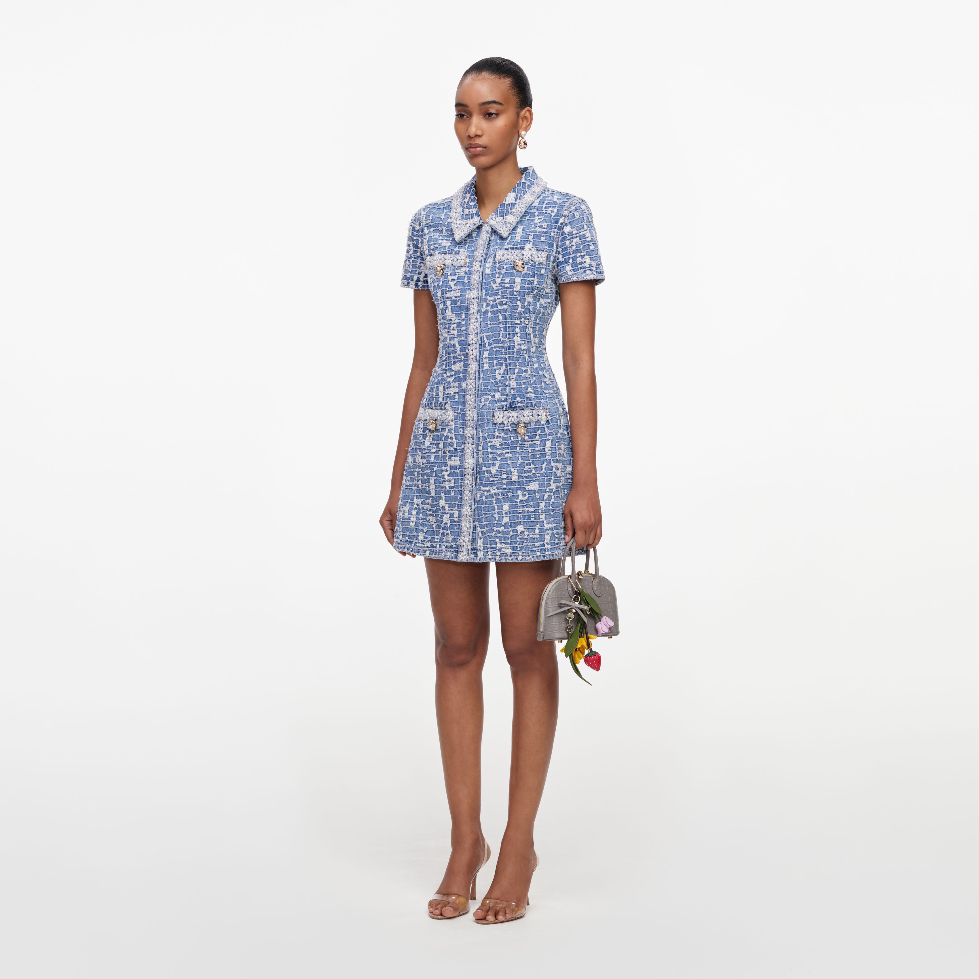 Self Portrait Denim Mini Kleid Blau Kragen Perlen