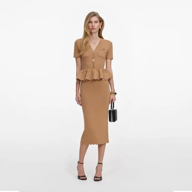 Self Portrait Camel Knit Peplum Midi Kleid Gr. S